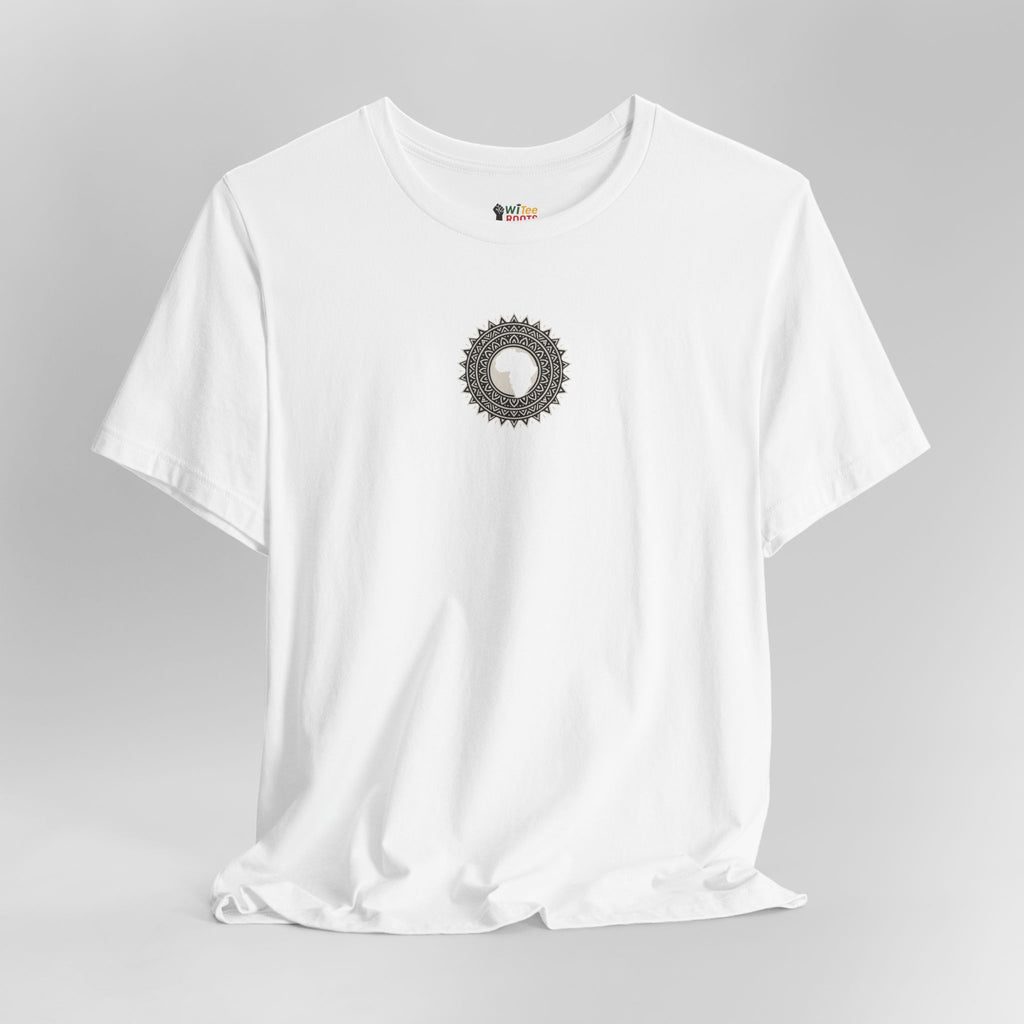 White t-shirt with a sunflower design on a gray background