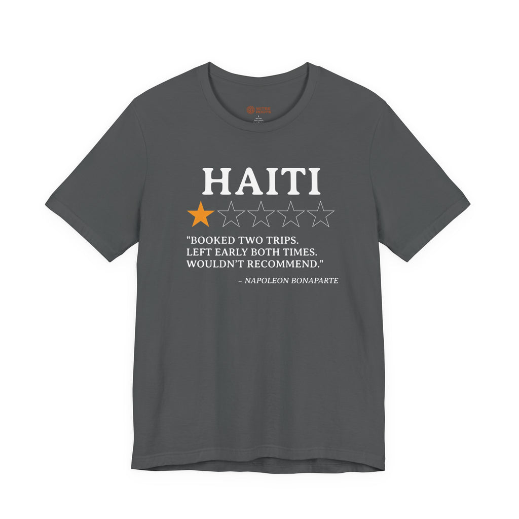Gray t-shirt with Haiti text and rating on a white background