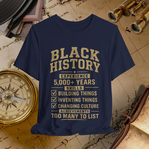 Navy blue t-shirt with 'Black History' text on a vintage map background