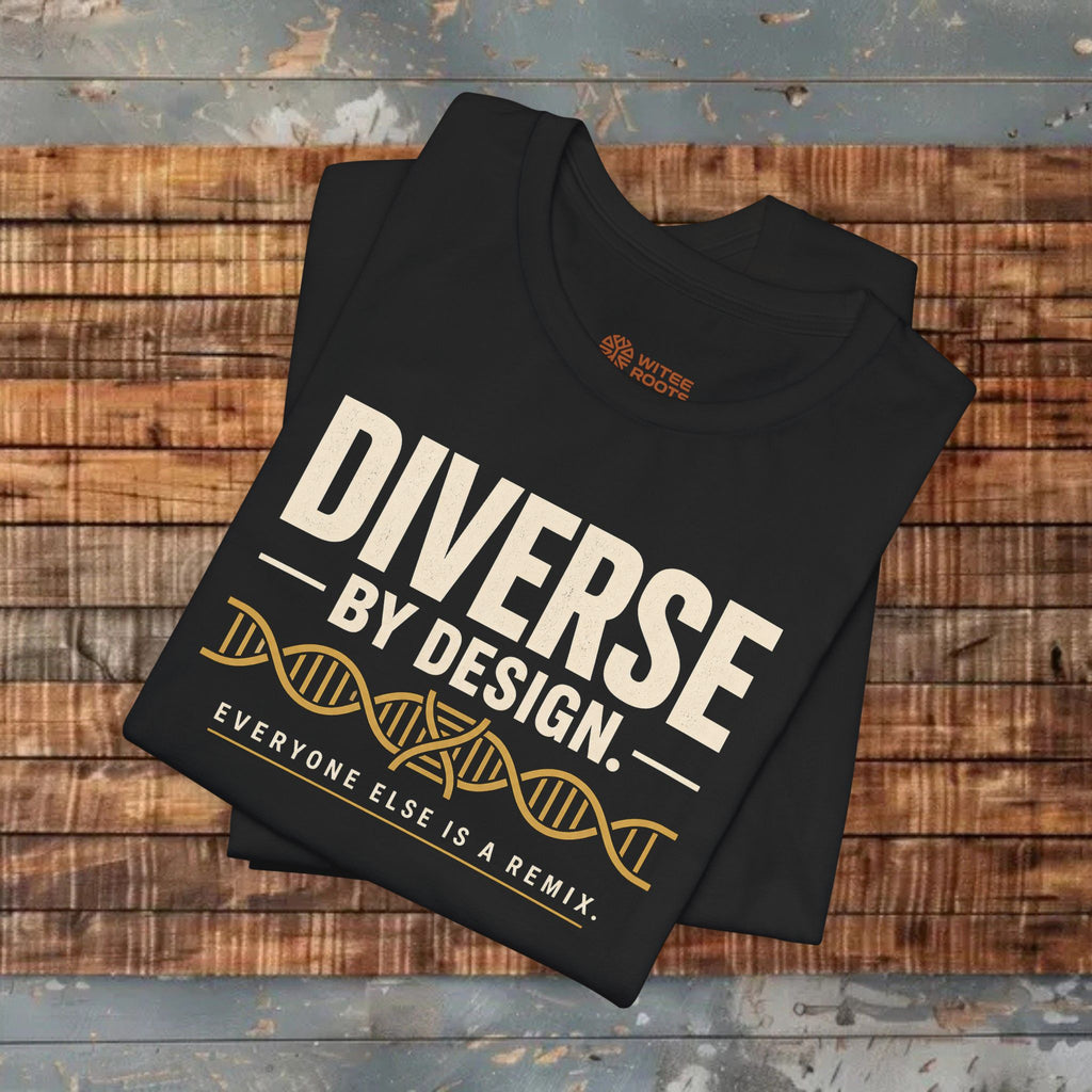 Black t-shirt with 'Diverse by Design' text on a wooden surface