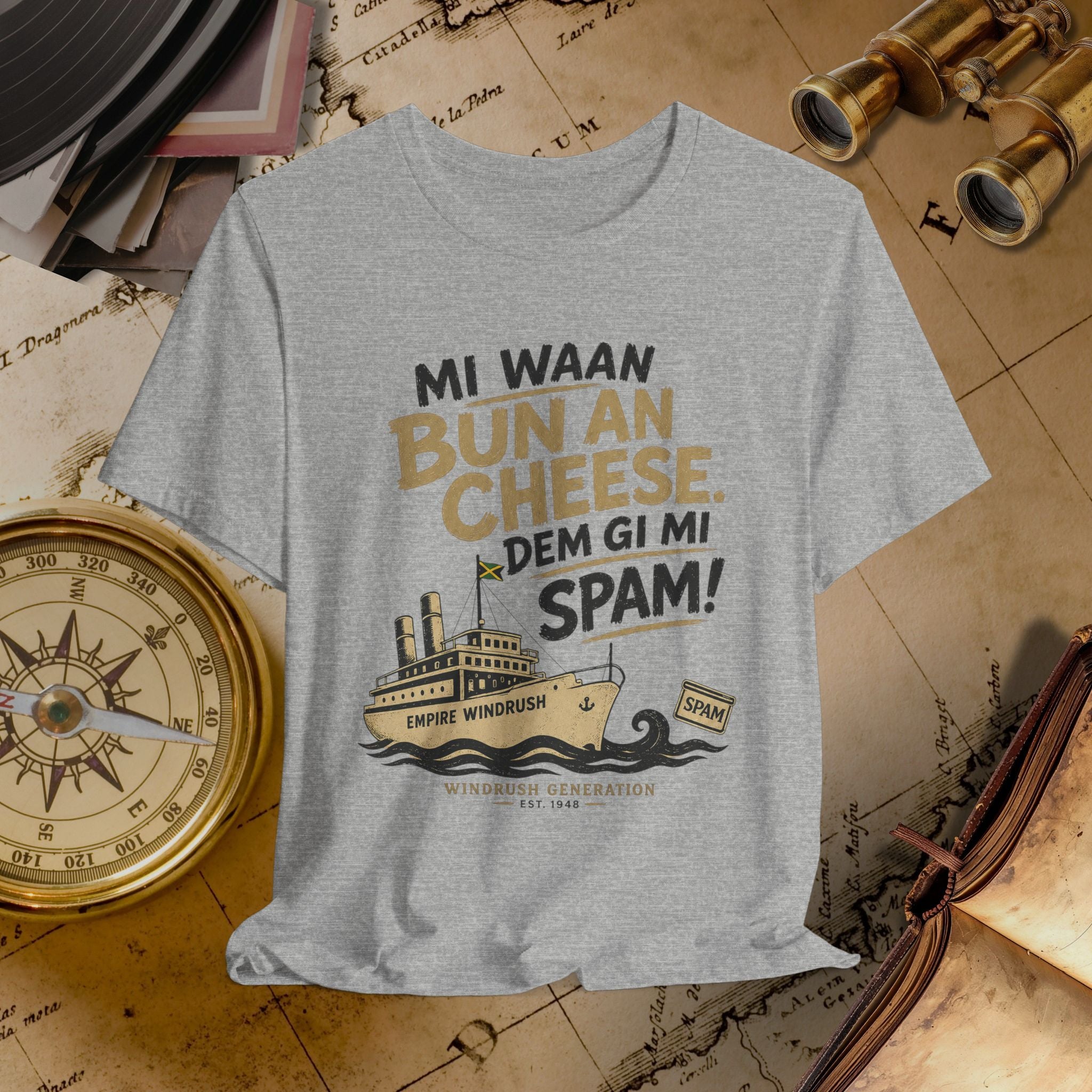 Gray t-shirt with a graphic design on a vintage map background