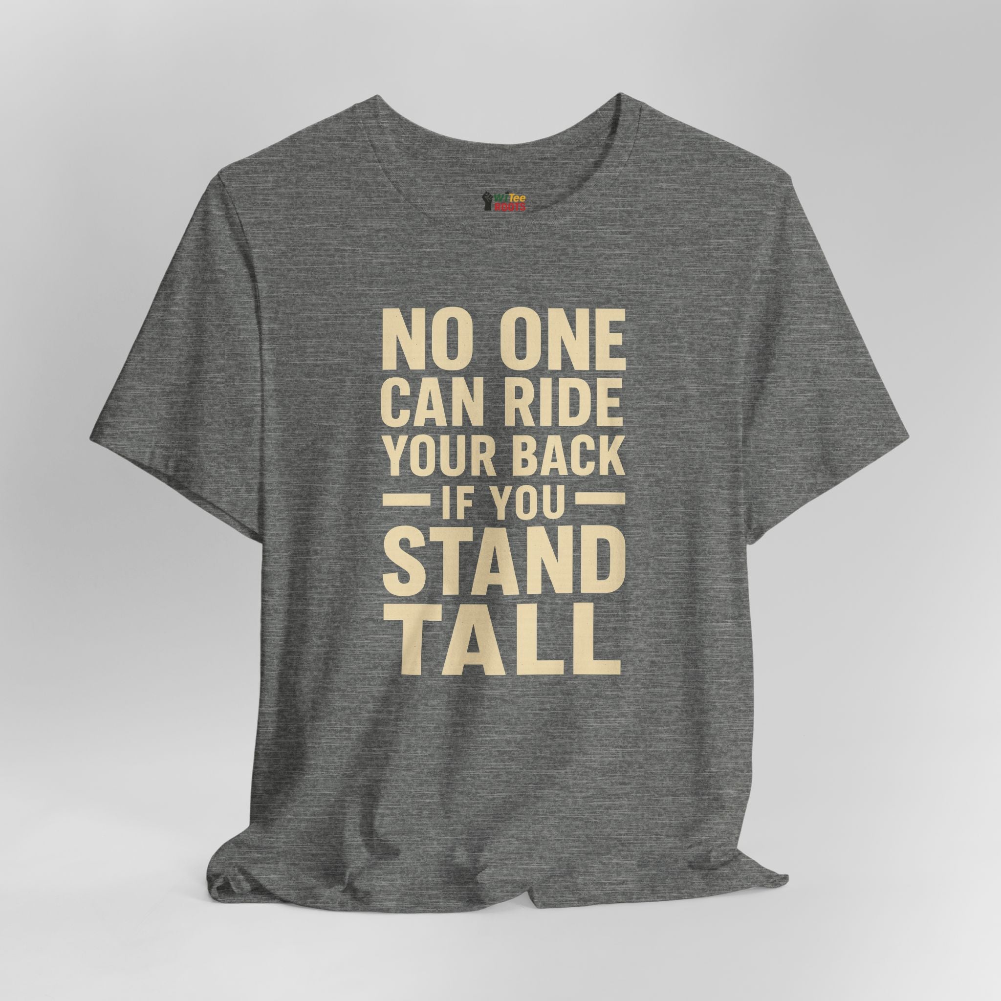Gray t-shirt with motivational quote on a white background