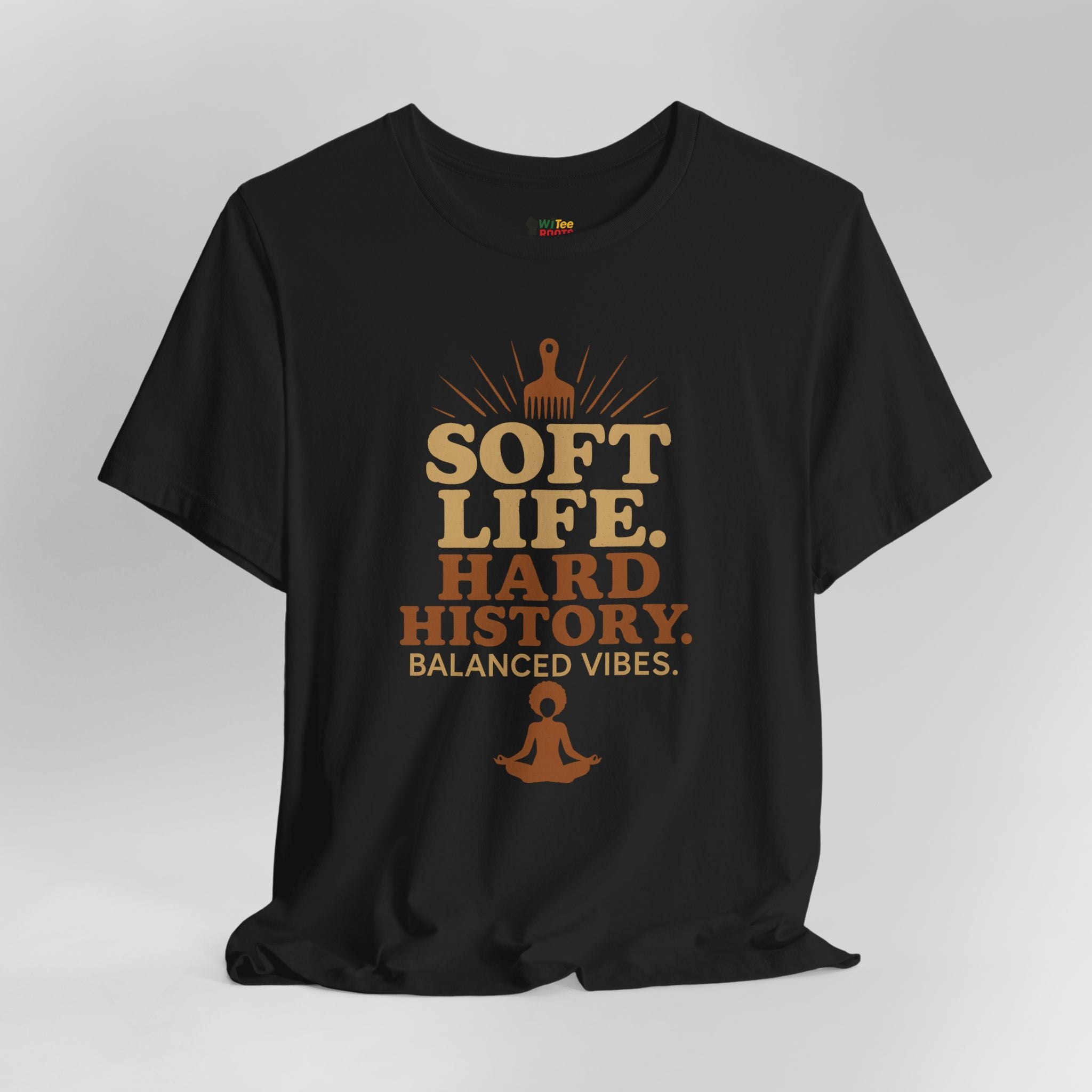 Black t-shirt with orange text and graphics on a gray background