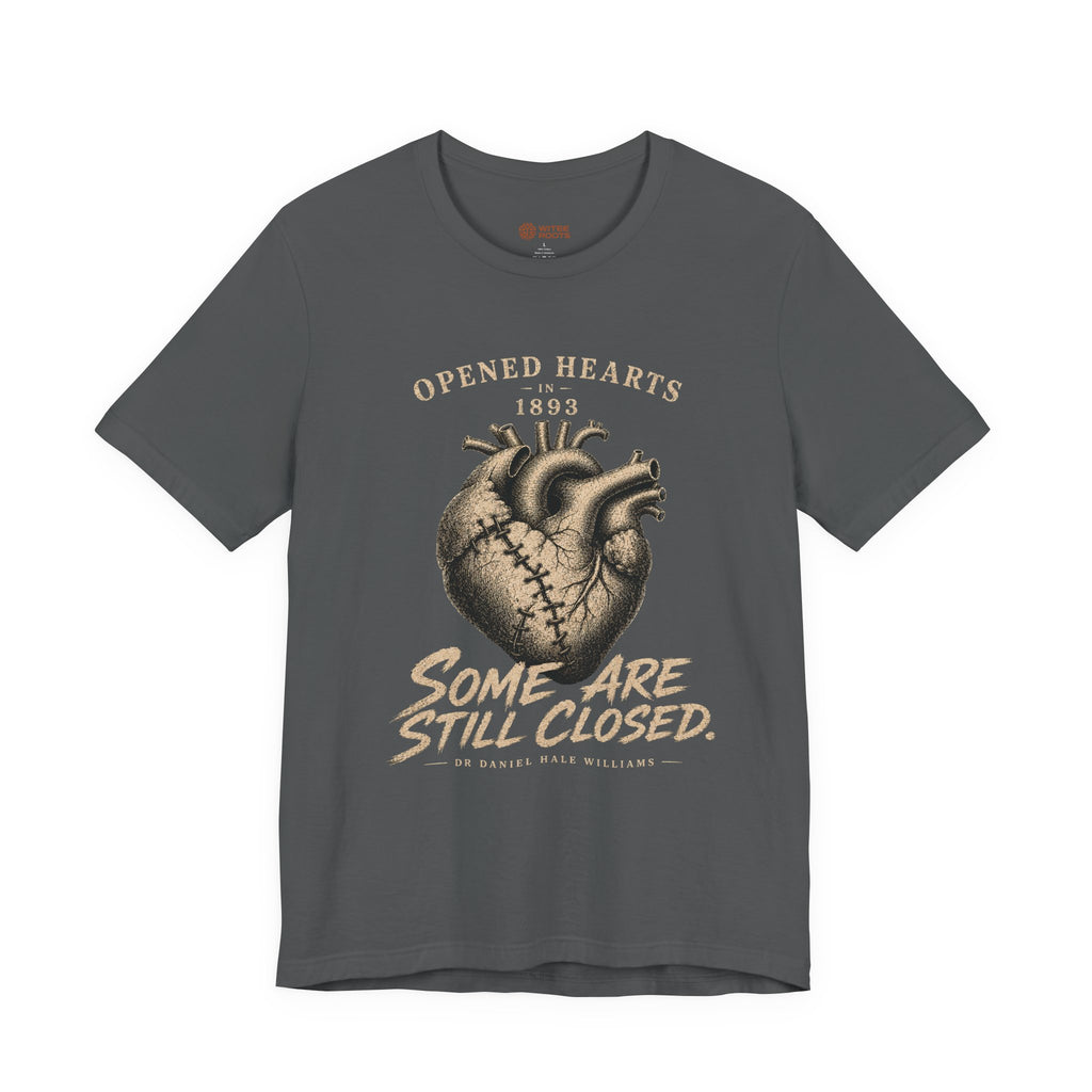 Gray t-shirt with heart graphic and text on a white background