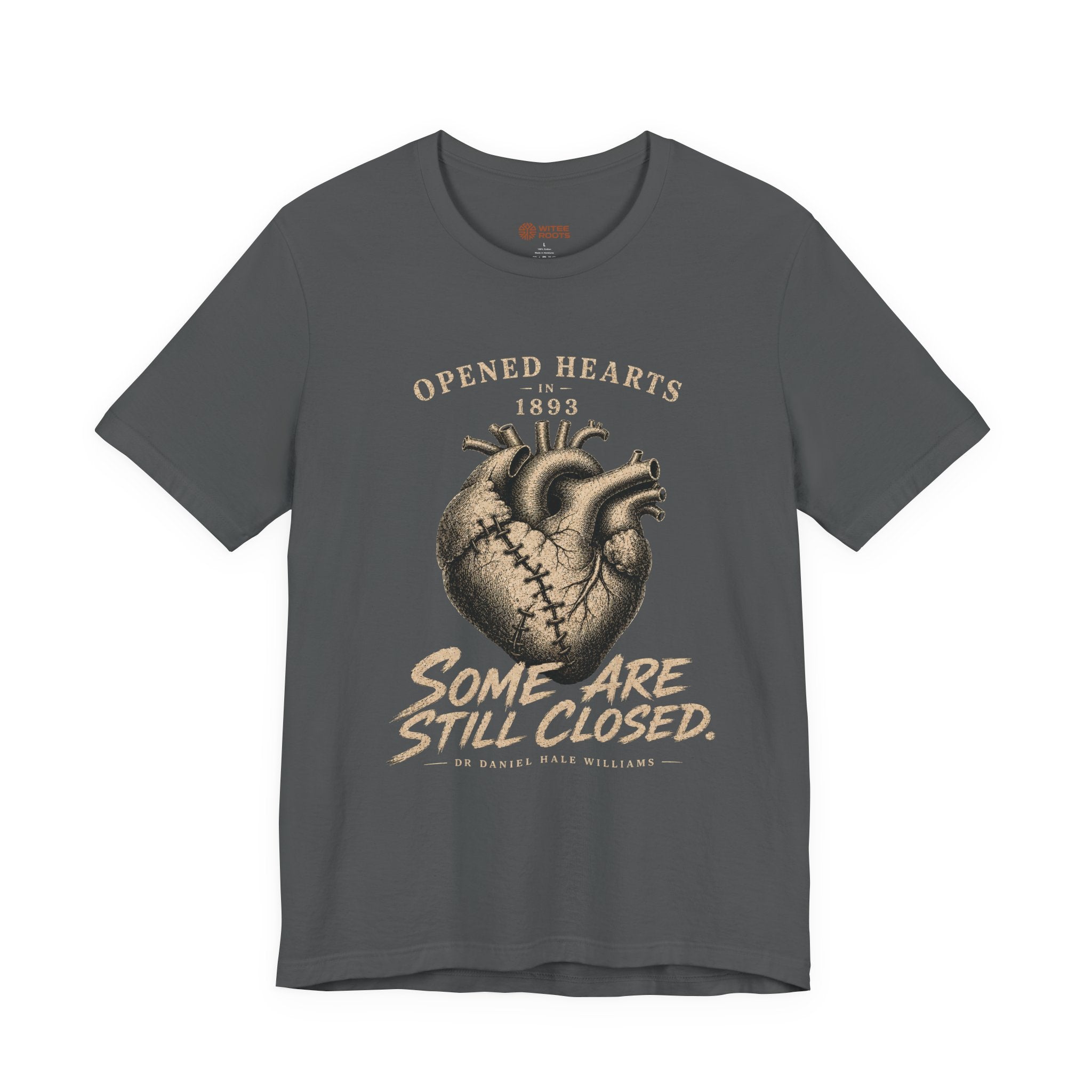 Gray t-shirt with heart graphic and text on a white background