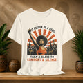 Beige t-shirt with graphic design featuring a woman with raised fist and text on a wooden surface with plants.