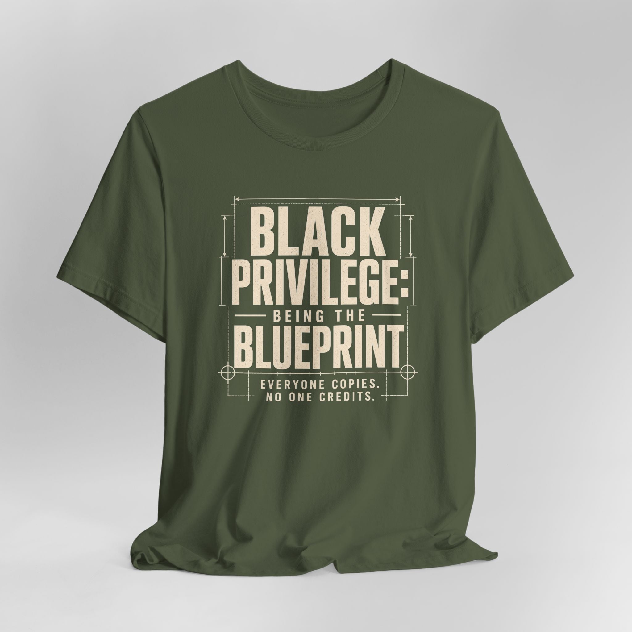 Green t-shirt with white text on a gray background