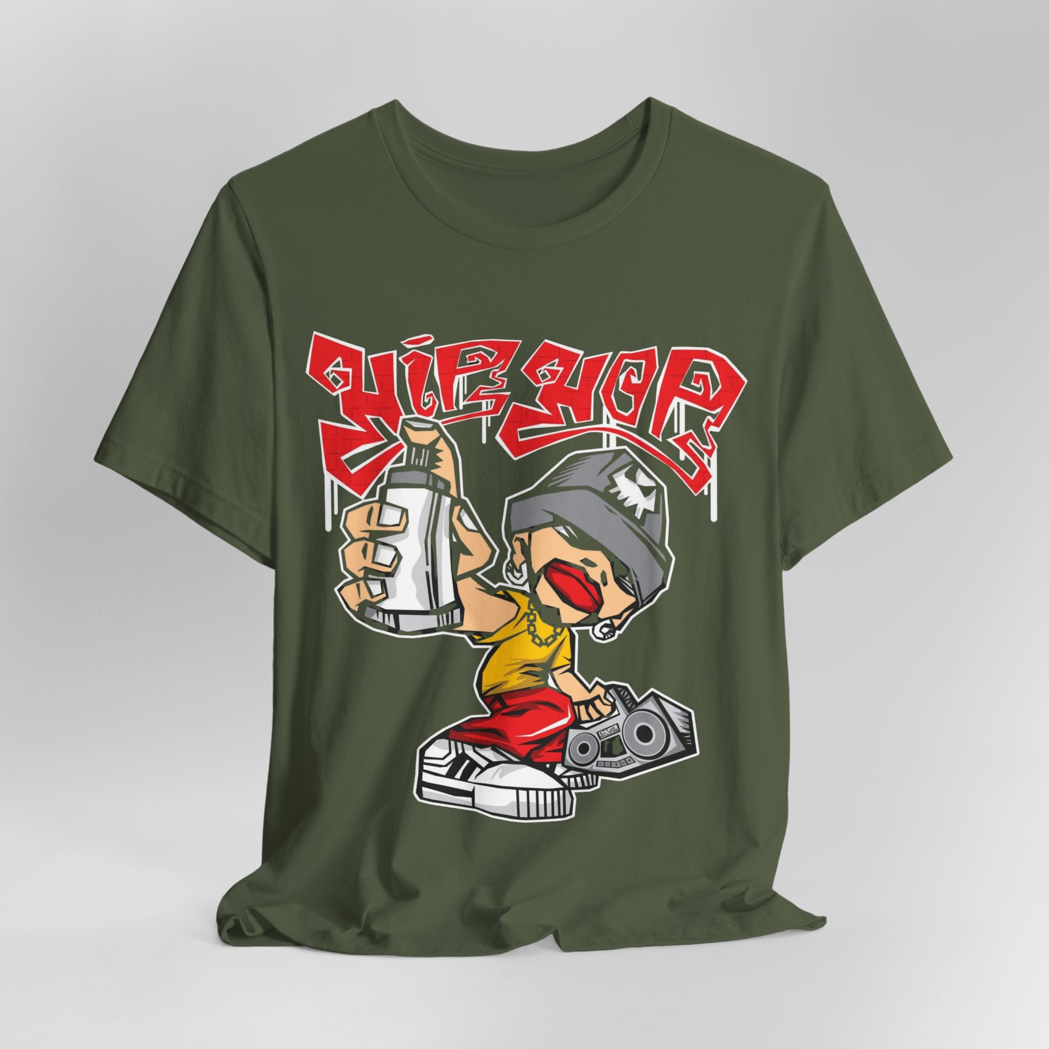 Green t-shirt with a graphic design of a person holding a bottle and the word 'Hip Hop' on a gray background