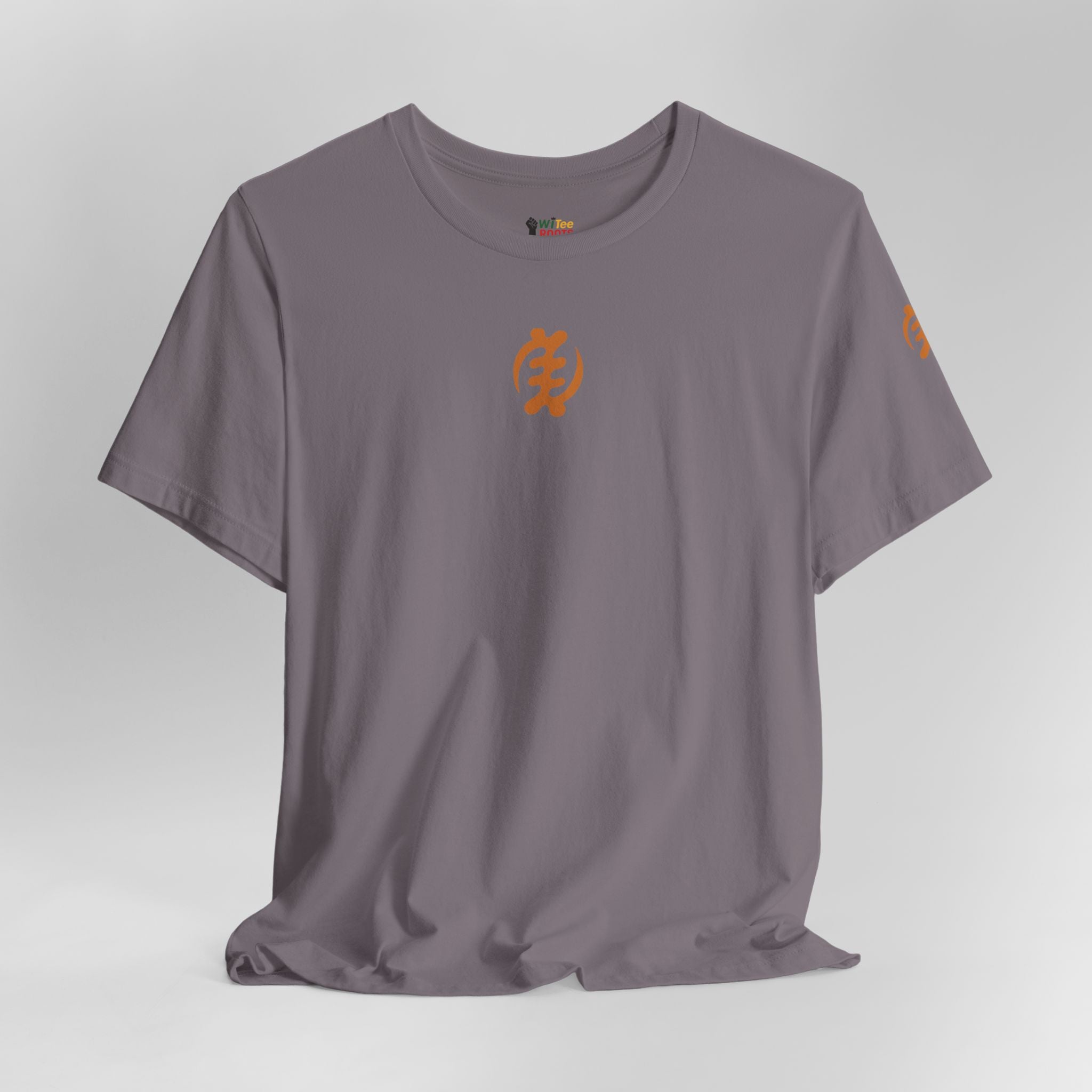 Gray t-shirt with orange logo on a light gray background