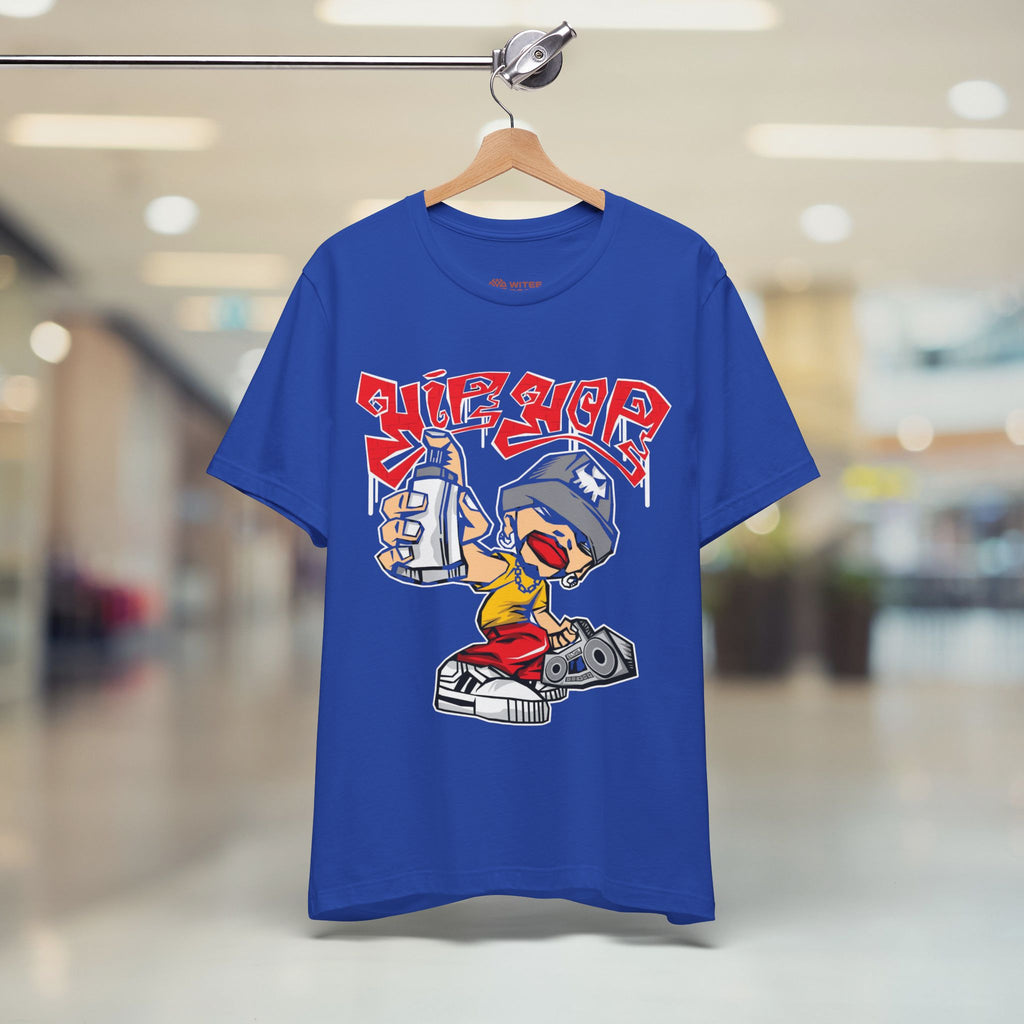 Blue t-shirt with a graphic design on a hanger in a store setting