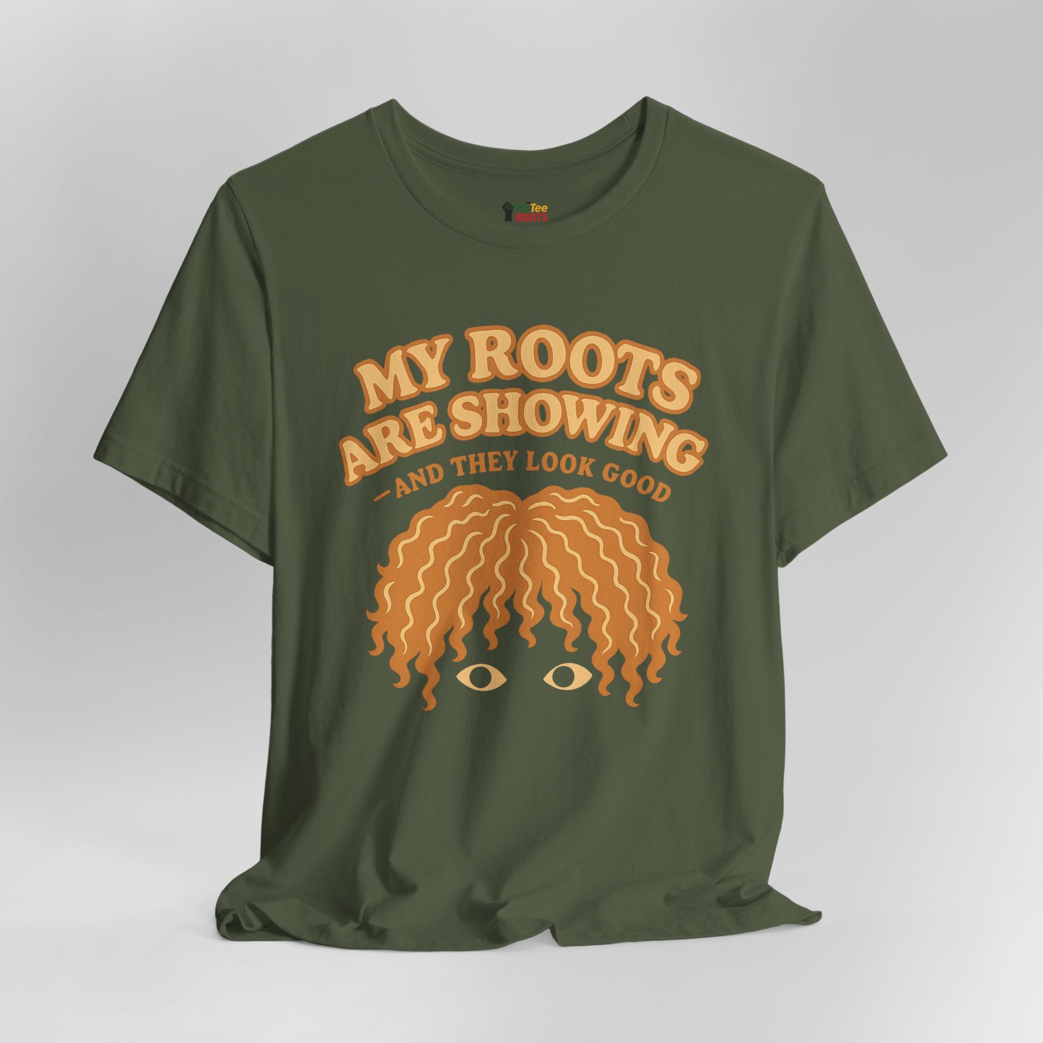 Green t-shirt with orange text and graphic on a gray background