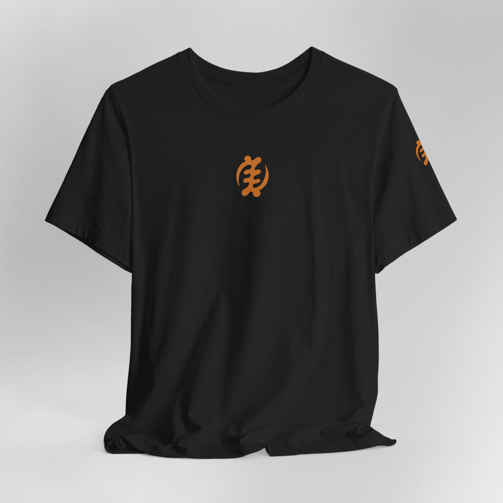 Black t-shirt with orange logo on a light gray background