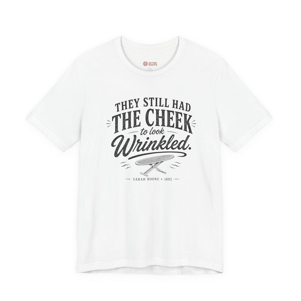 White t-shirt with black text and graphic on a white background