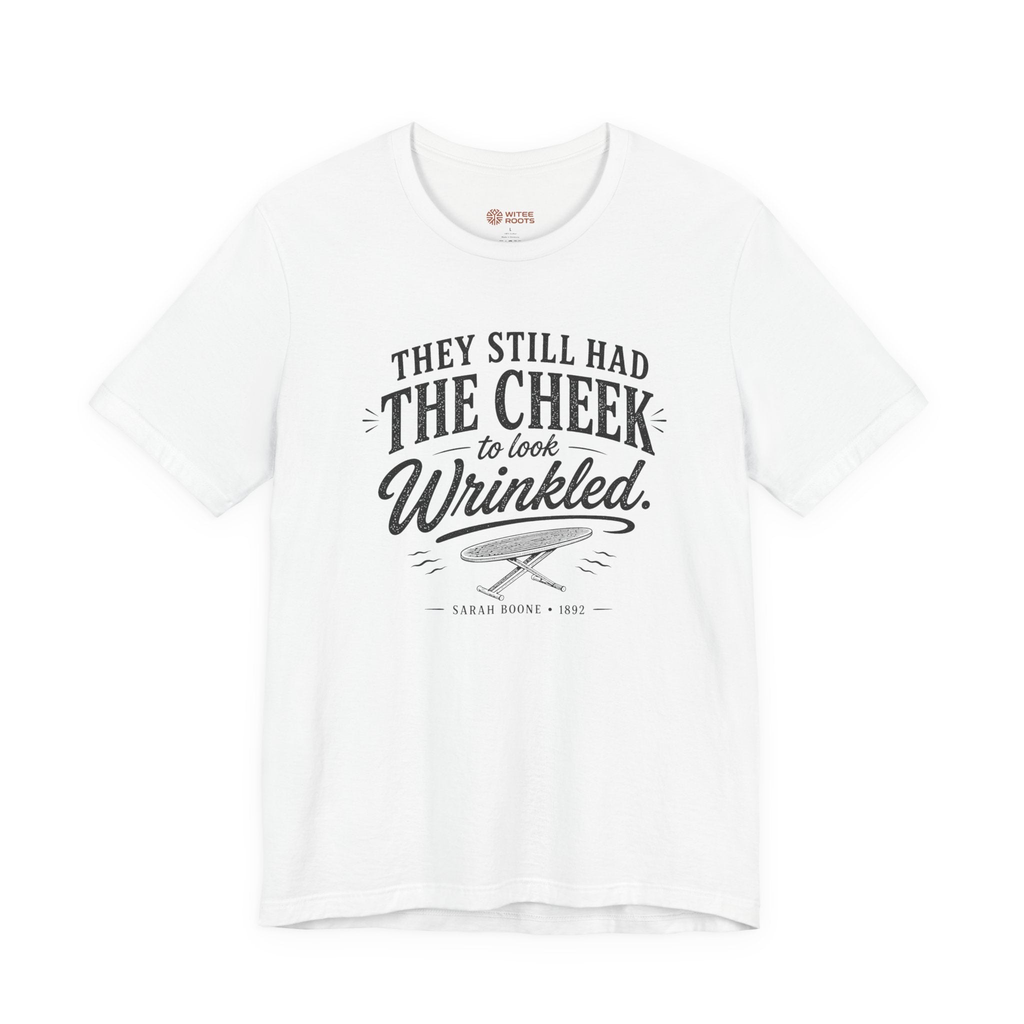 White t-shirt with black text and graphic on a white background