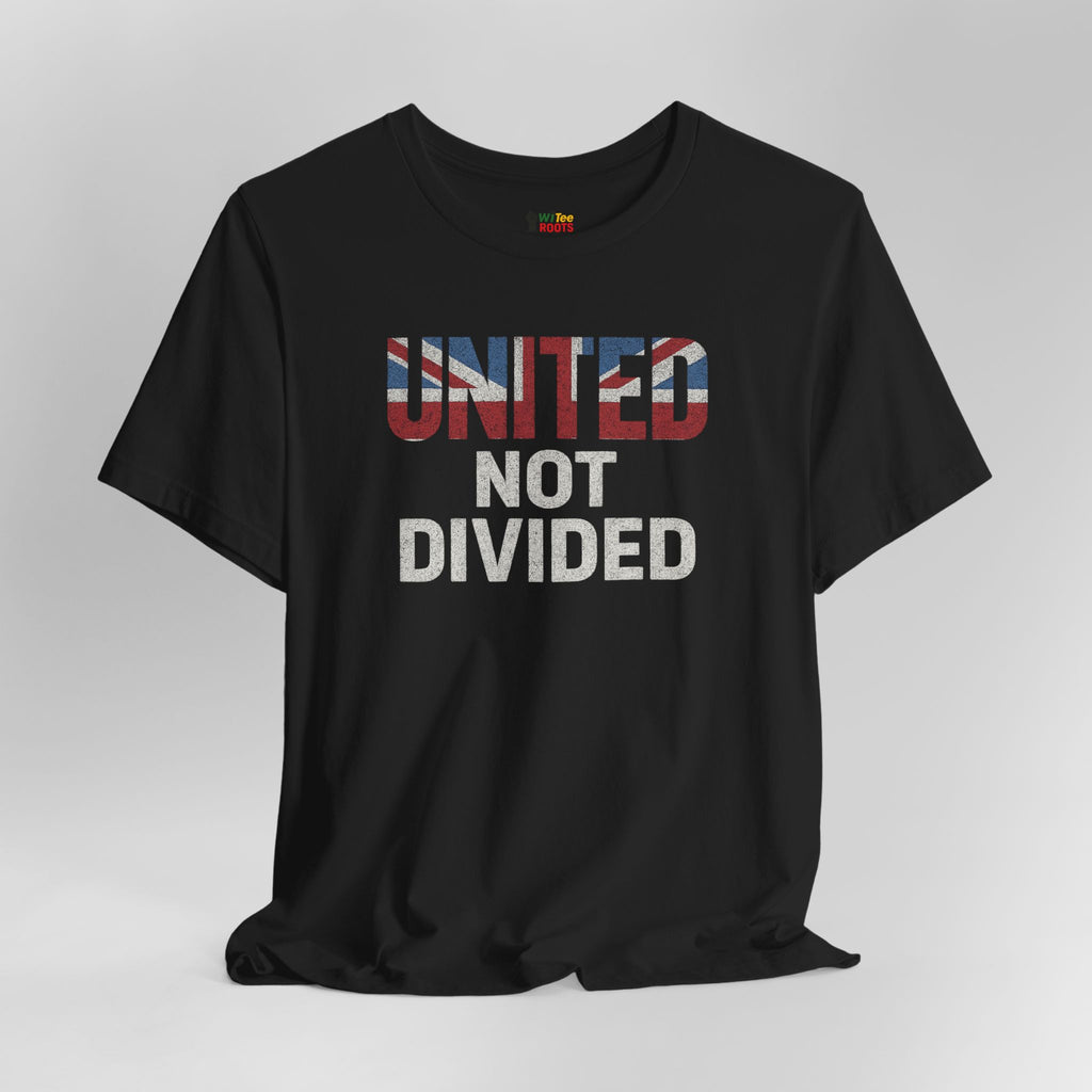 Black t-shirt with 'UNITED NOT DIVIDED' text on a gray background