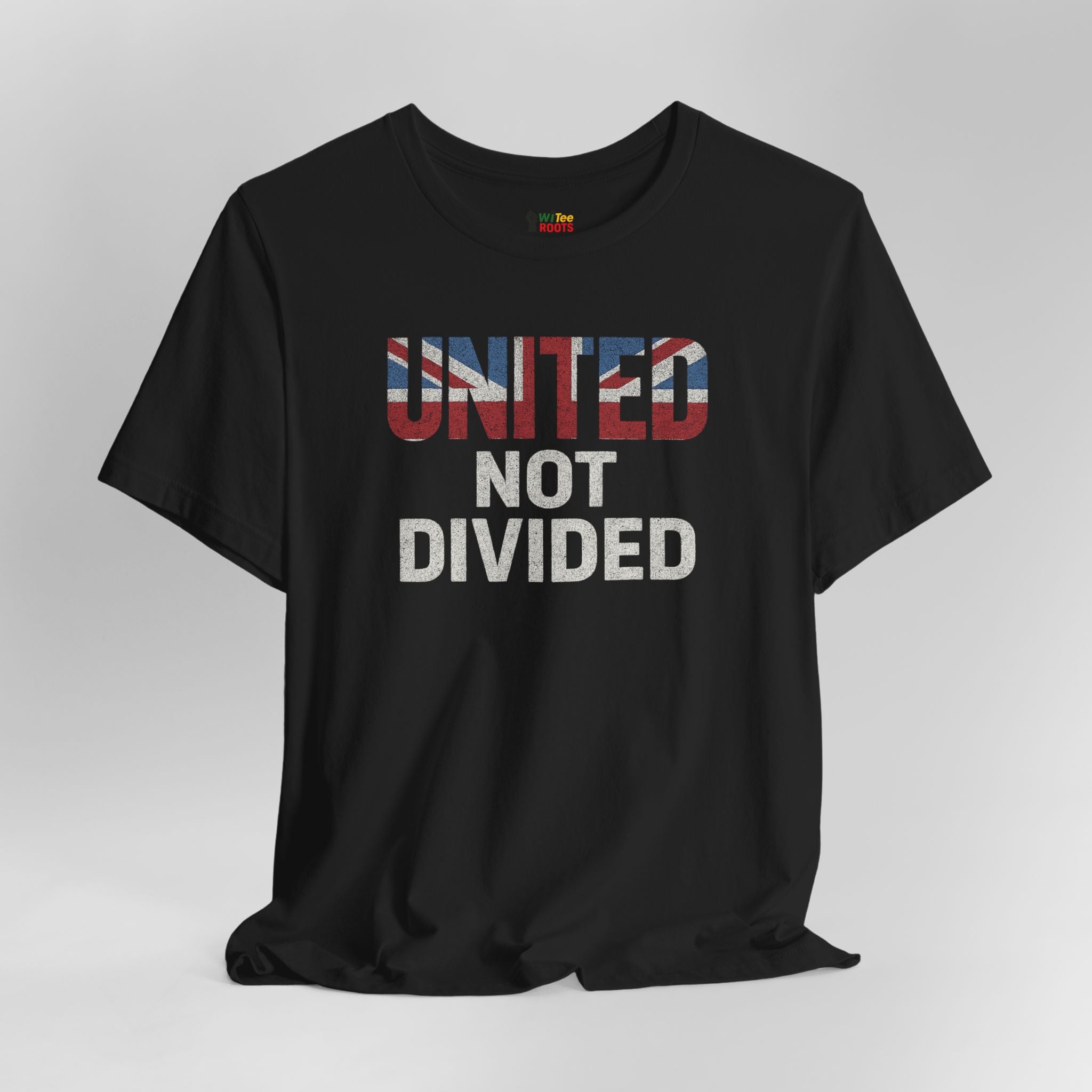 Black t-shirt with 'UNITED NOT DIVIDED' text on a gray background
