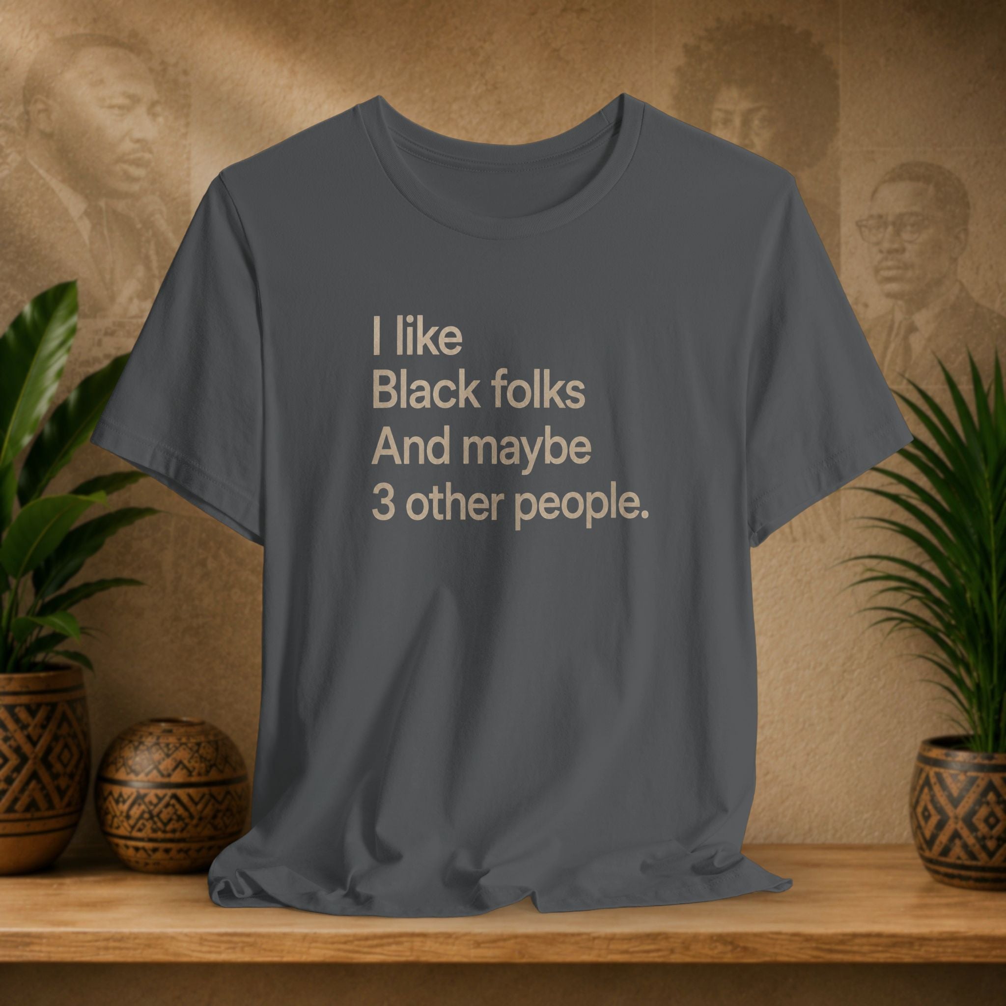 A dark grey graphic t-shirt with the text 'I like Black folks And maybe 3 other people.' printed in a light beige sans-serif font.