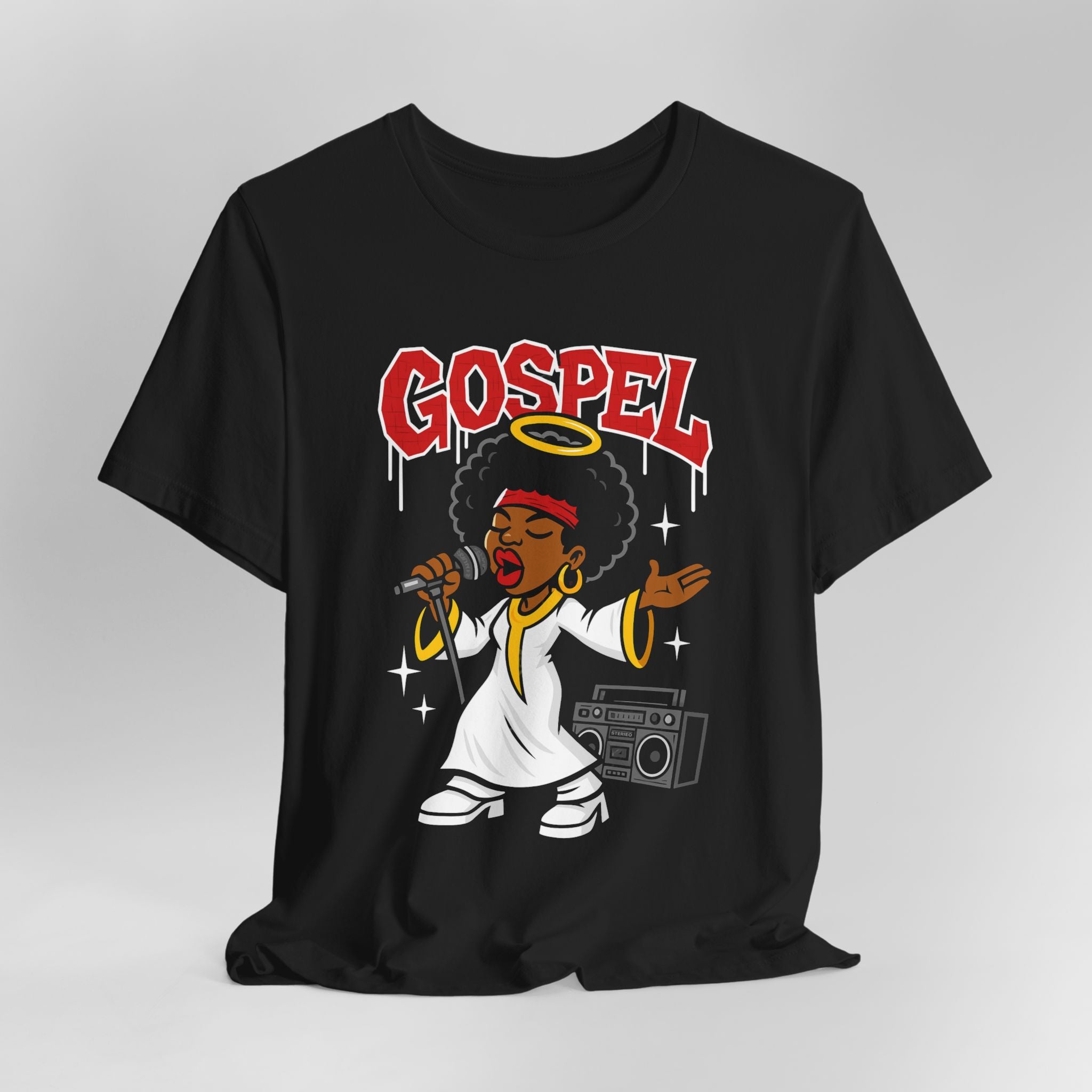 Black t-shirt with 'Gospel' design featuring a person singing into a microphone on a gray background