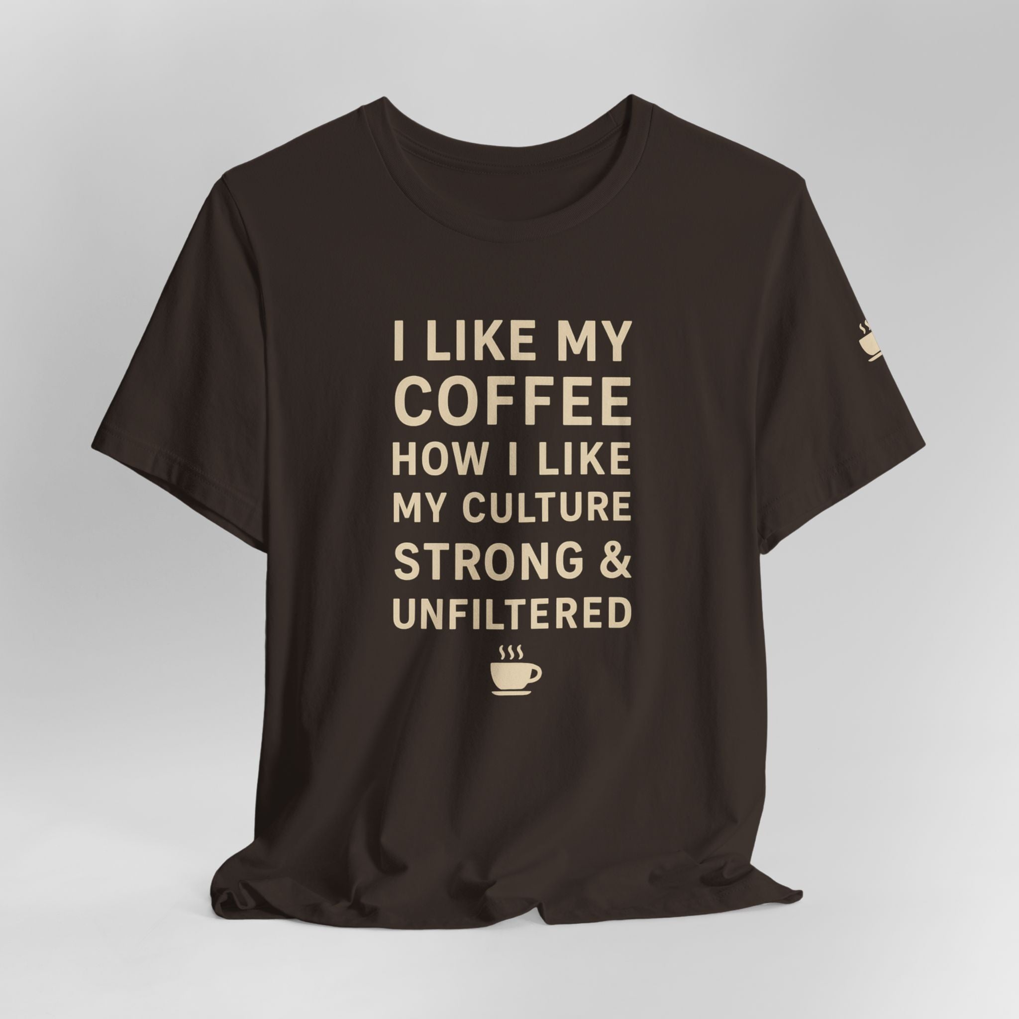 Black t-shirt with text and coffee cup graphic on a gray background