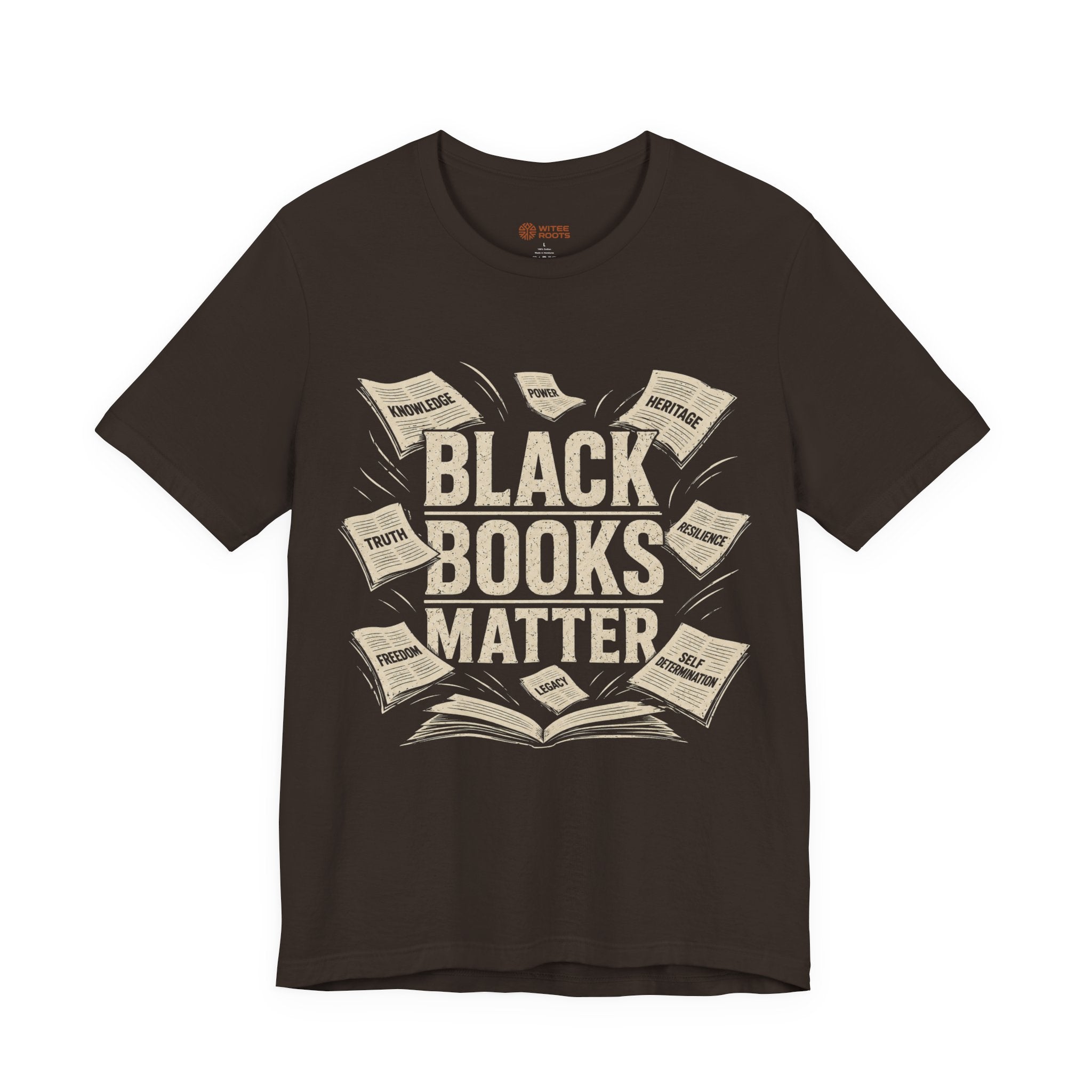 Black t-shirt with 'Black Books Matter' graphic design on a white background