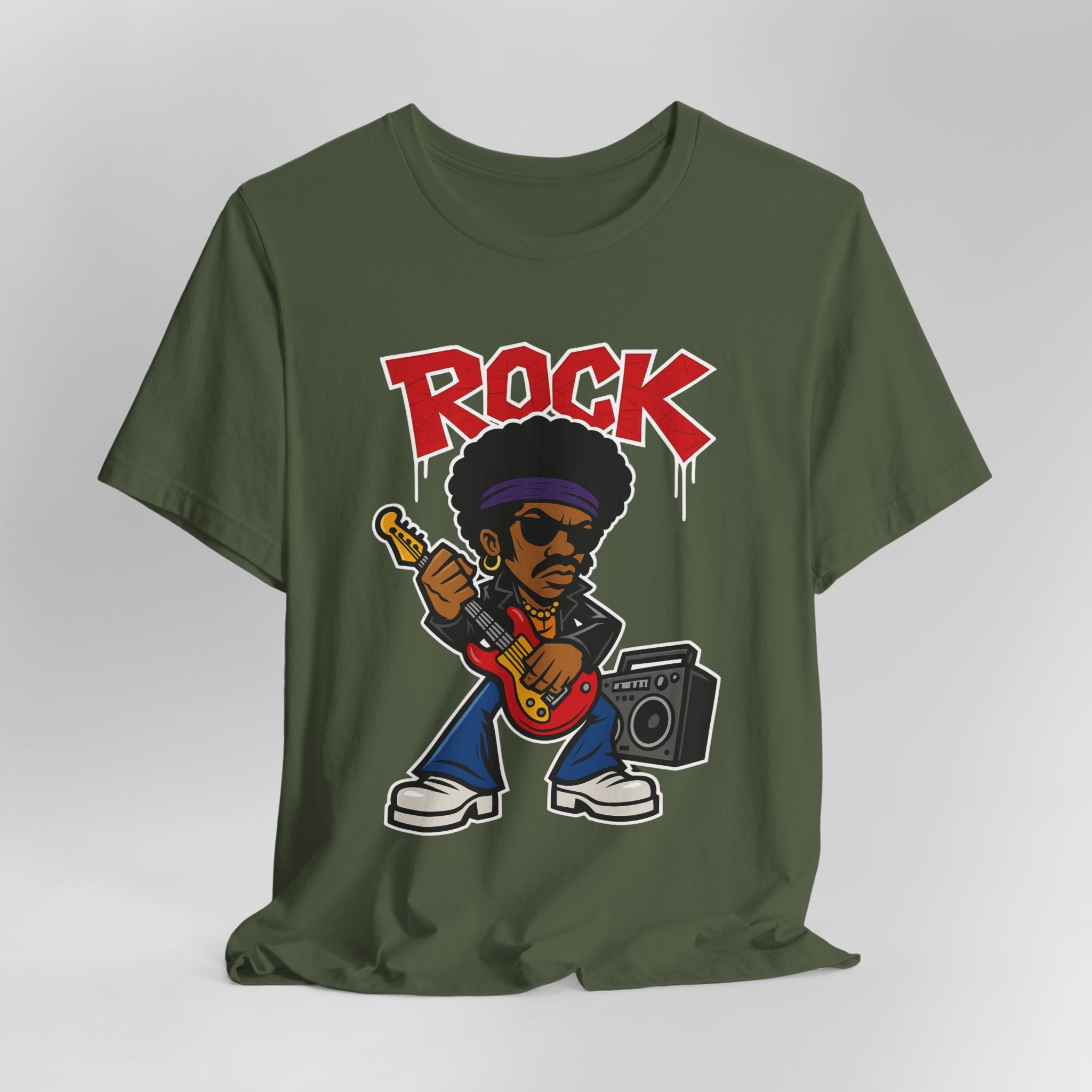 Green t-shirt with a graphic of a rock musician holding a guitar and boombox, with 'ROCK' text above.
