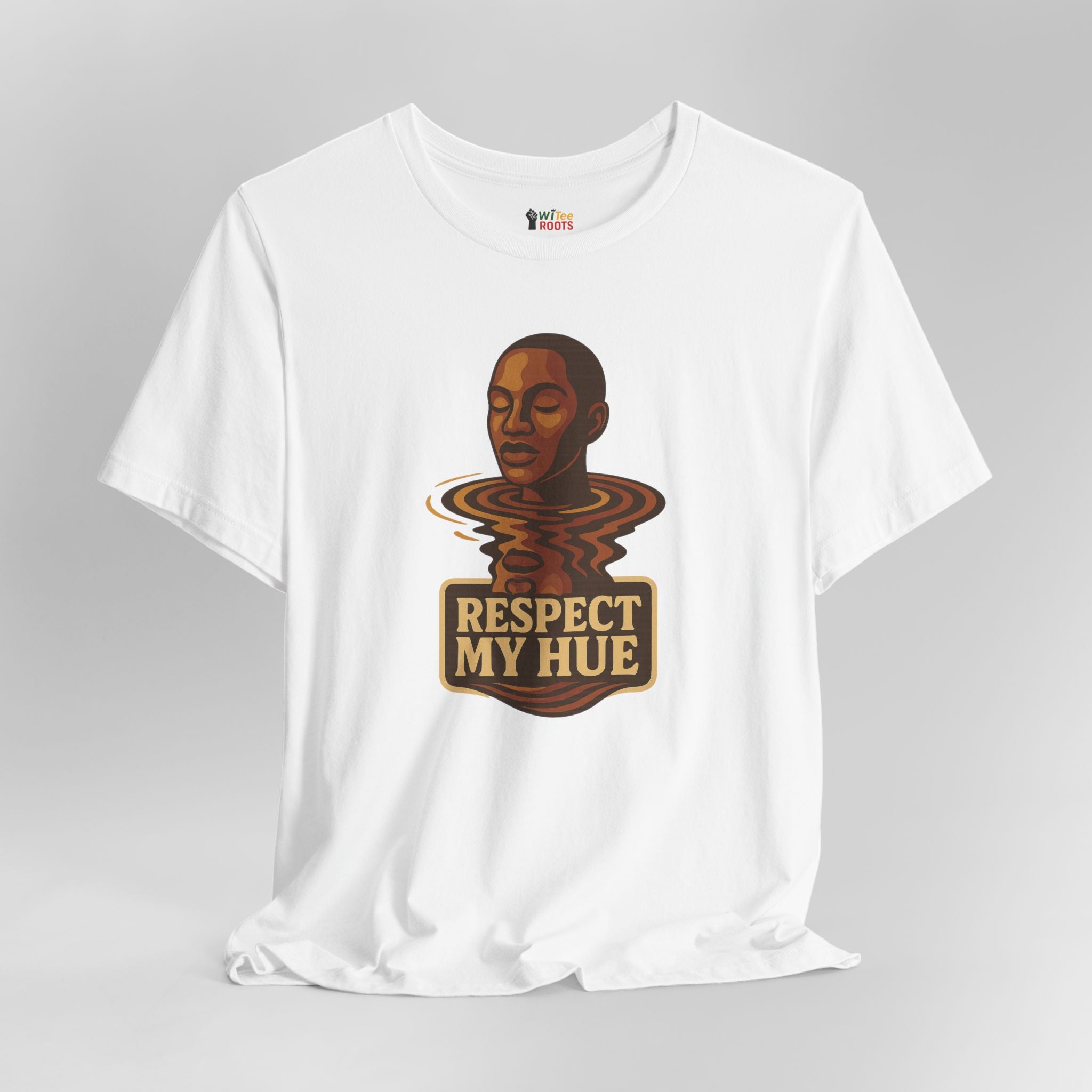 White t-shirt with a graphic design featuring a person and 'Respect My Hue' text on a gray background.