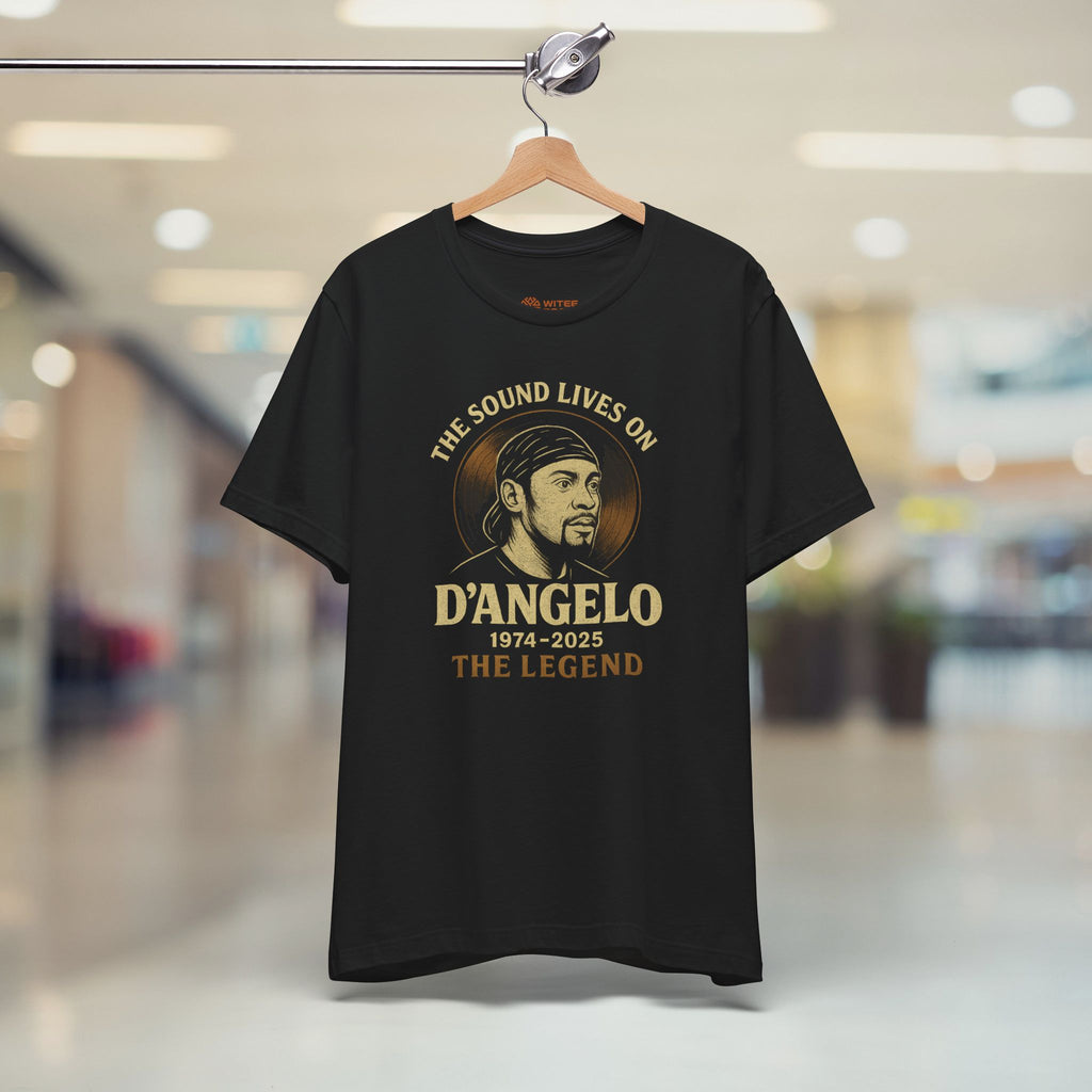 Black t-shirt with D'Angelo graphic on a hanger in a store setting