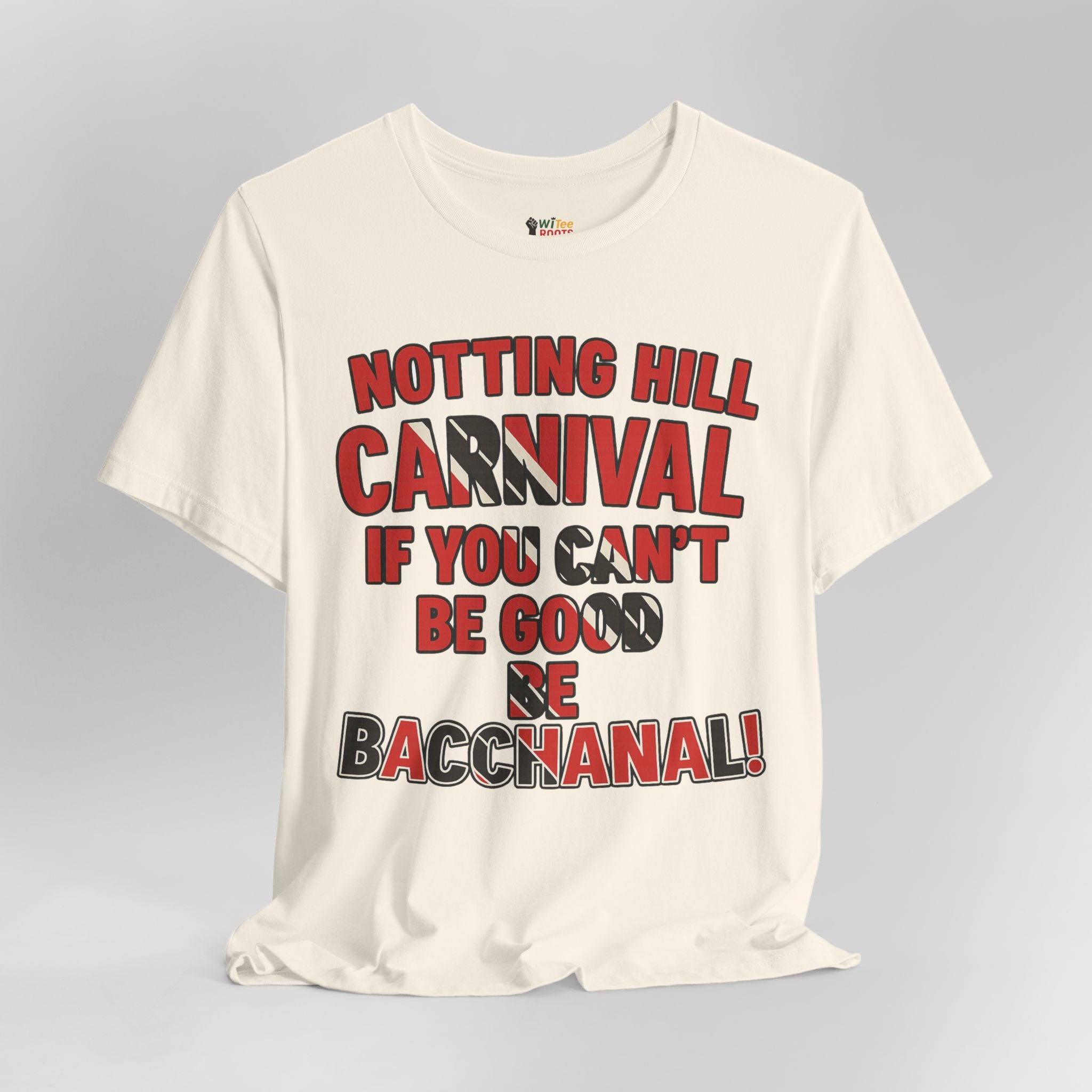 Cream t-shirt with red and black text on a gray background