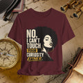 Maroon t-shirt with graphic and text on a vintage map background