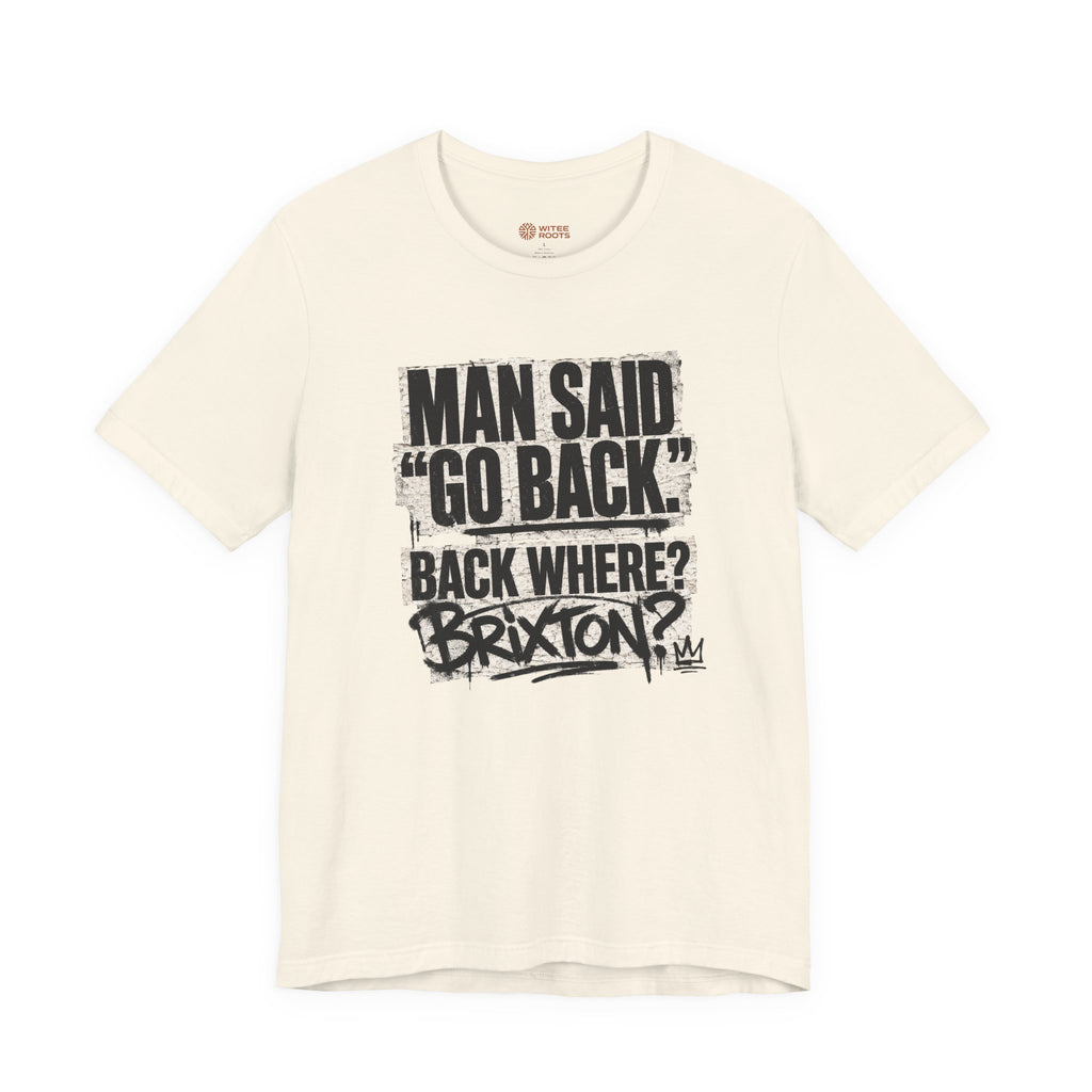Beige t-shirt with black text on a white background