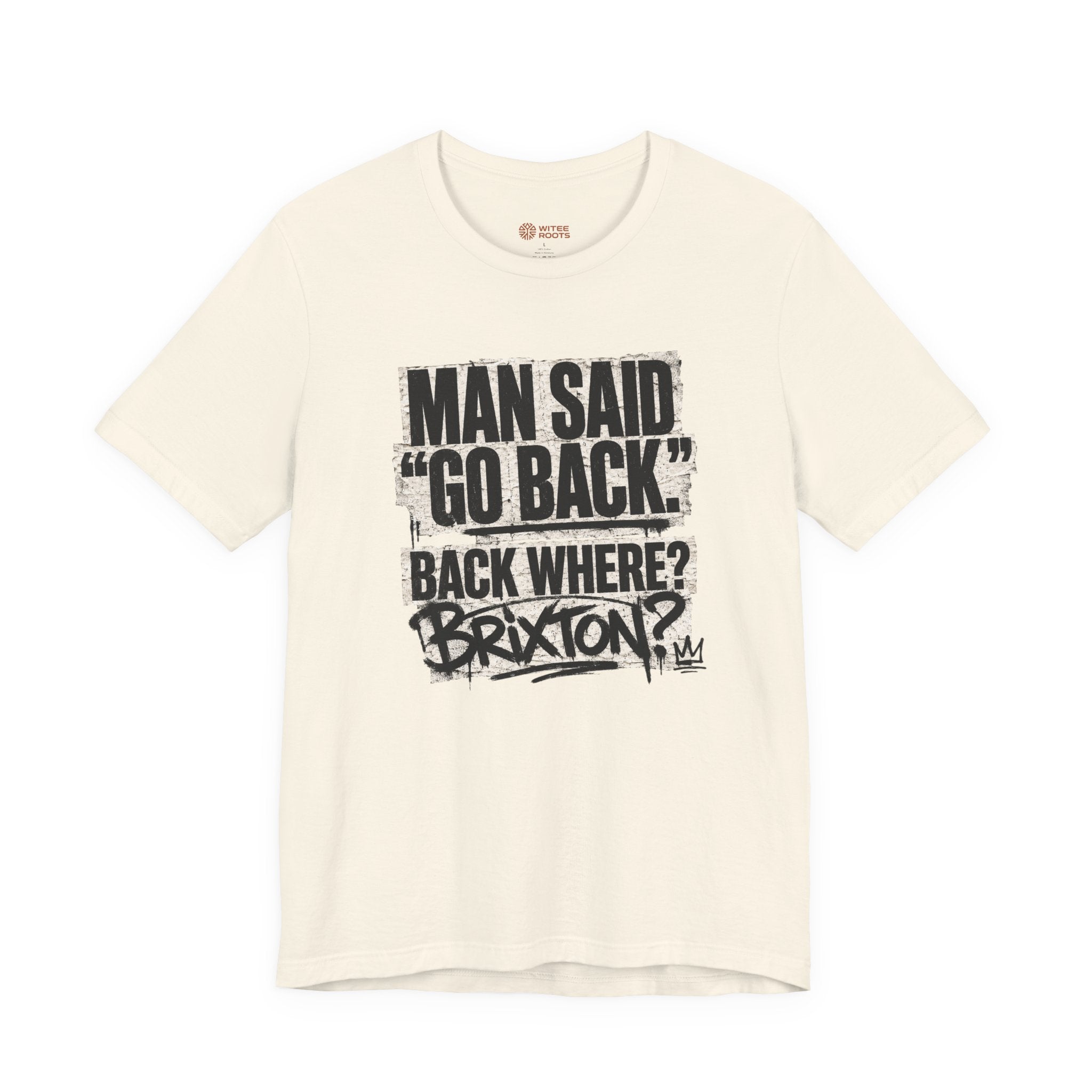 Beige t-shirt with black text on a white background