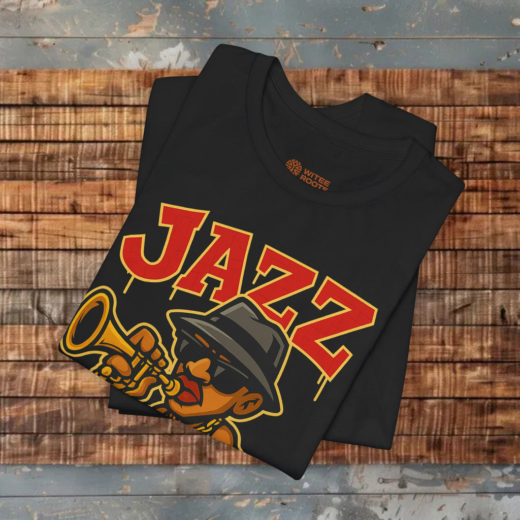 Black t-shirt with 'Jazz' design on a wooden surface