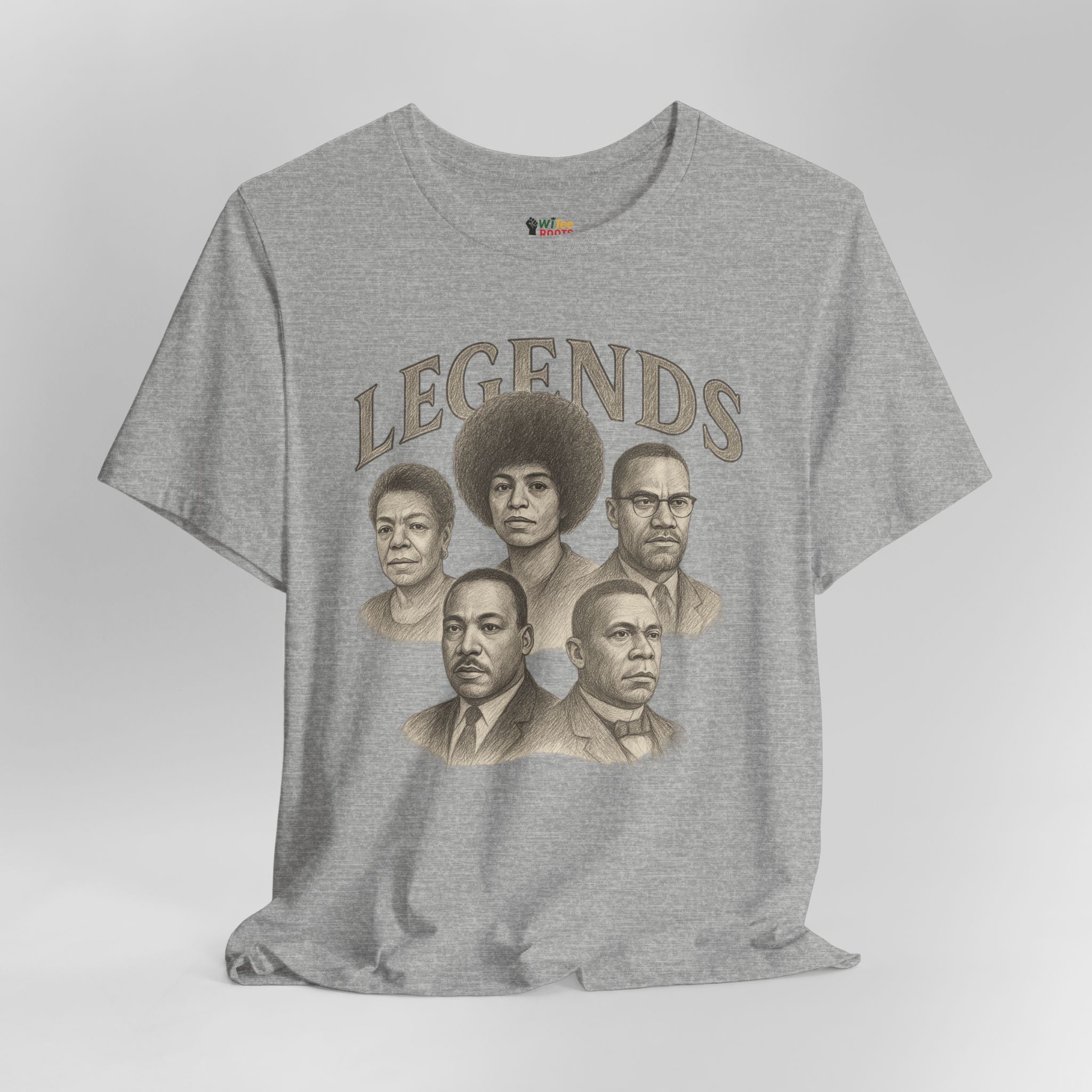 Gray t-shirt with graphic of five individuals and 'LEGENDS' text on a light gray background