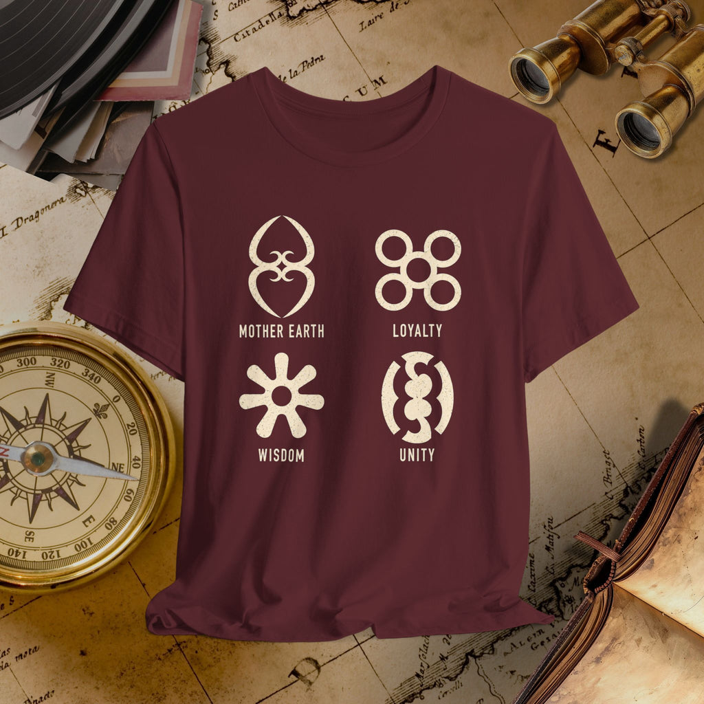 Maroon t-shirt with symbols and text on a vintage map background