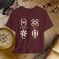 Maroon t-shirt with symbols and text on a vintage map background