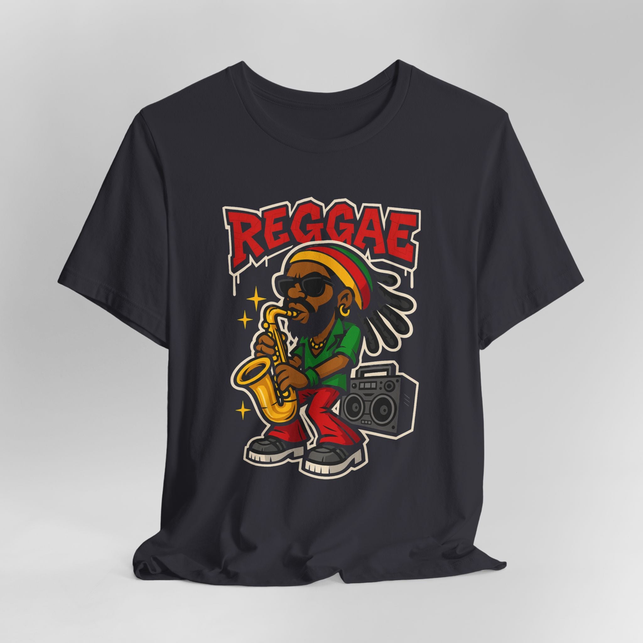 Dark grey t-shirt with a reggae-themed design featuring a person playing a saxophone and a boombox on a gray background.