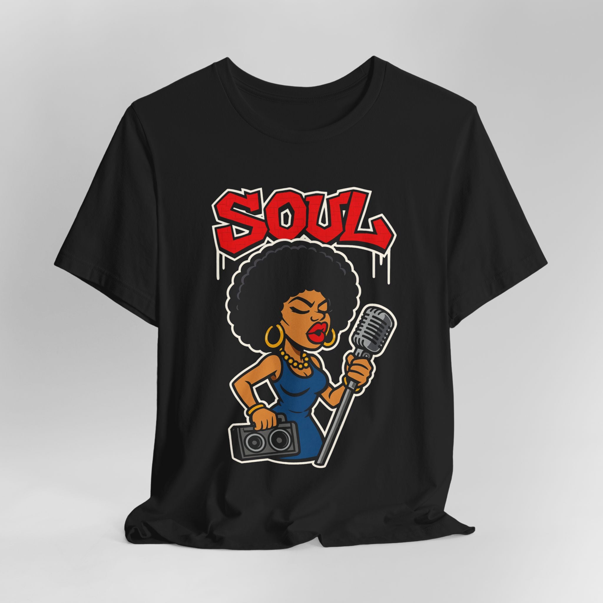 Black t-shirt with a graphic of a woman holding a microphone and the word 'SOUL' on a gray background