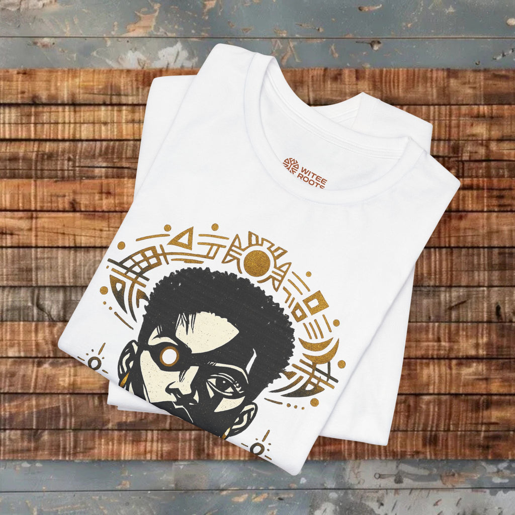 White t-shirt with a graphic design on a wooden surface