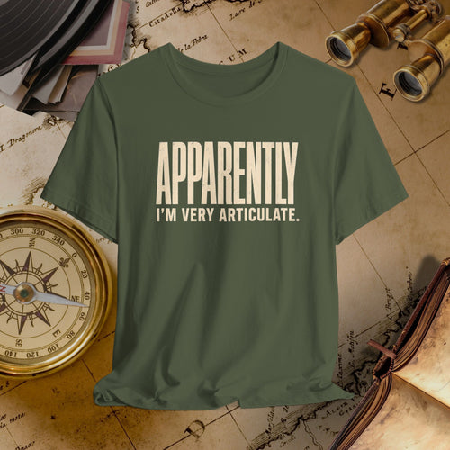 Green t-shirt with 'APPROPRIATELY I'M VERY ARTICULATE' text on a vintage map background