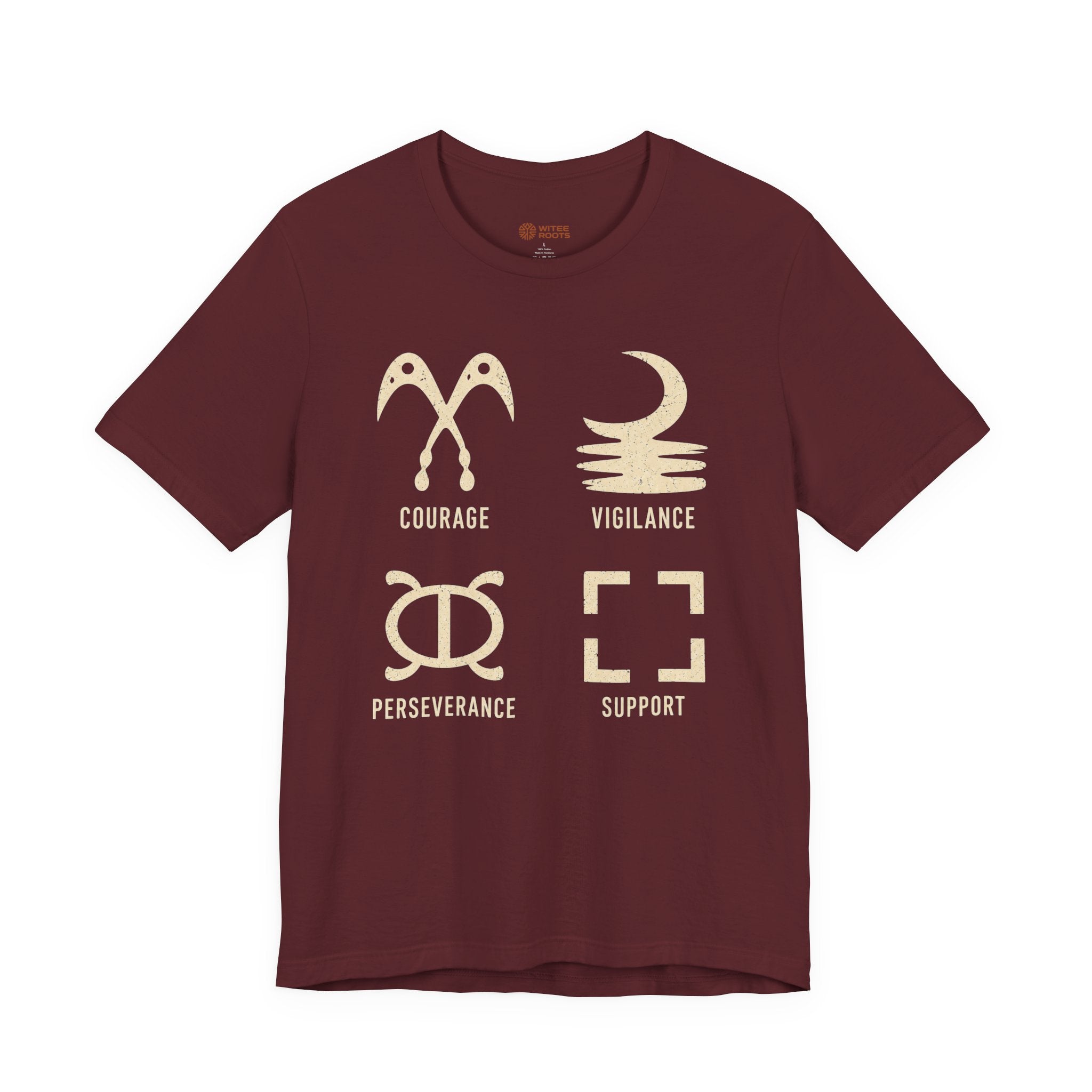 Maroon t-shirt with white symbols and text on a white background