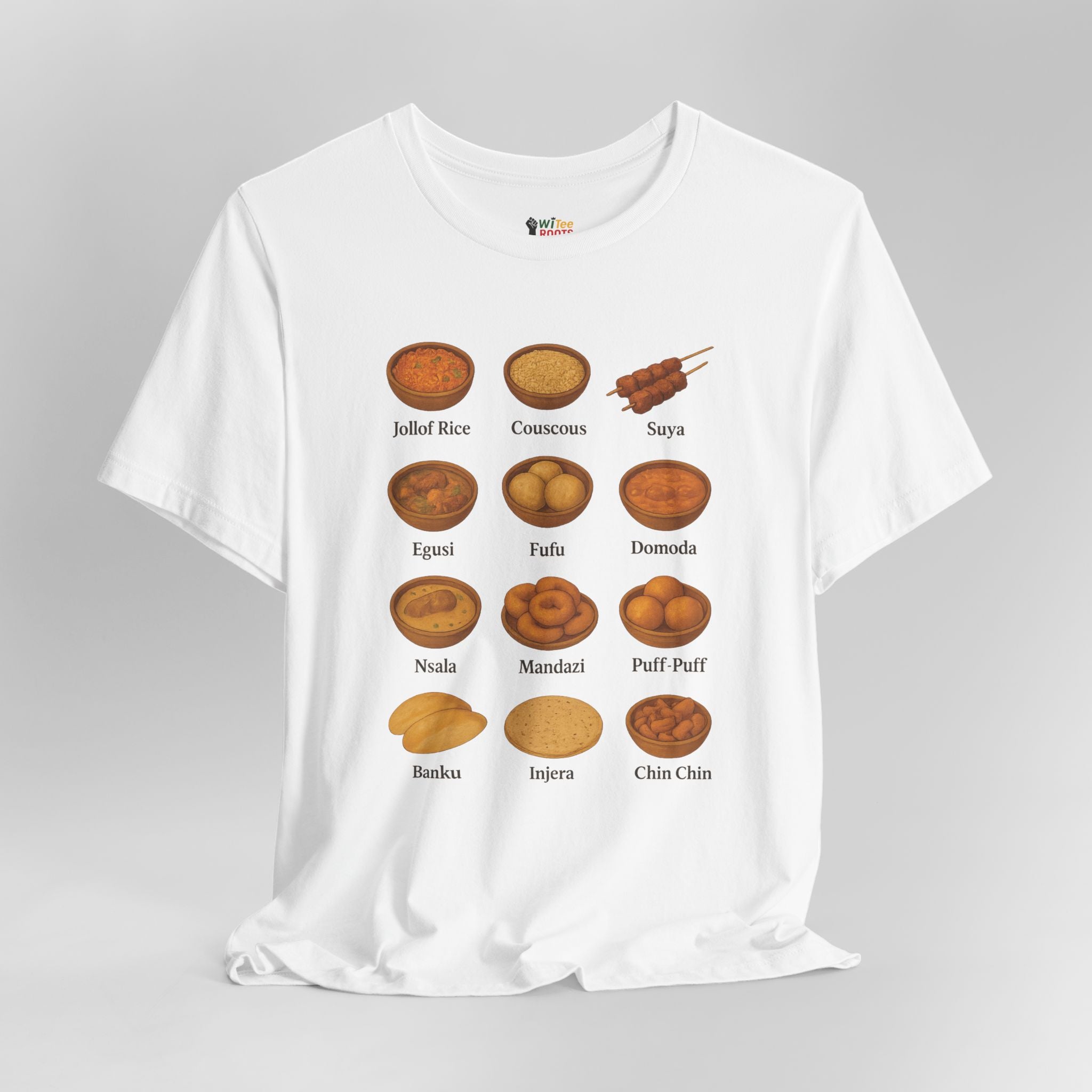 White t-shirt with illustrations of Nigerian foods and their names on a gray background