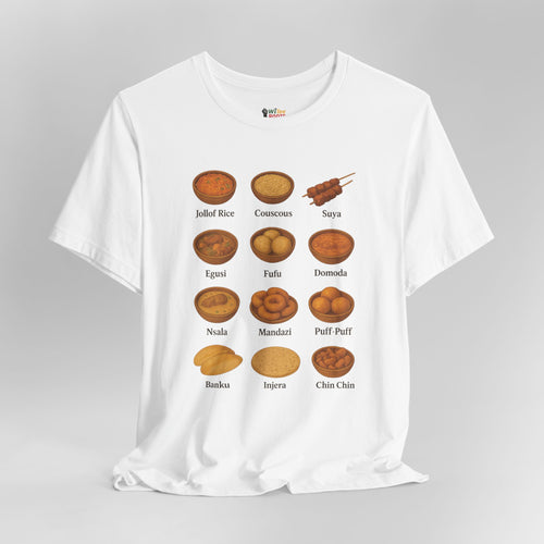 White t-shirt with illustrations of Nigerian foods and their names on a gray background