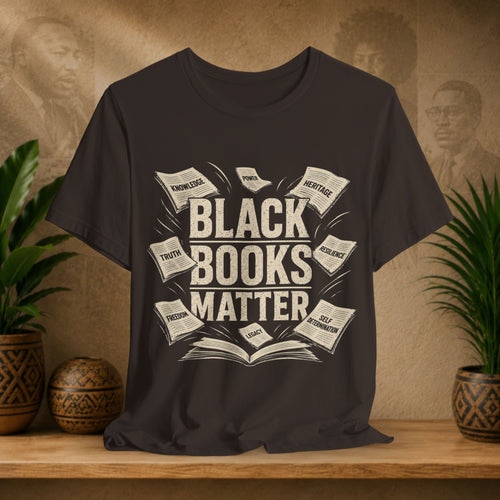 Brown t-shirt with 'Black Books Matter' design on a wooden surface with plants and a textured wall background.