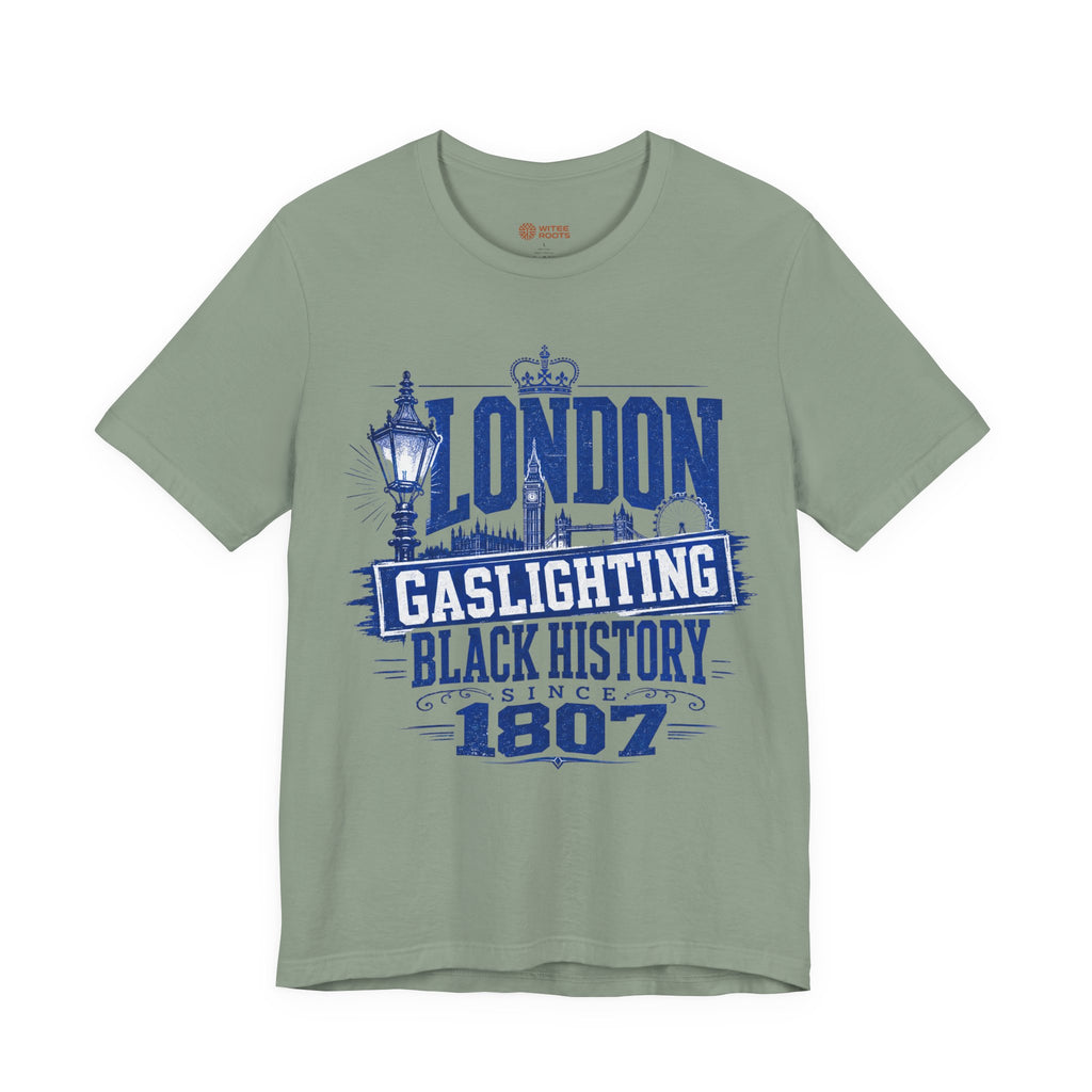 Green t-shirt with blue text and graphics on a white background
