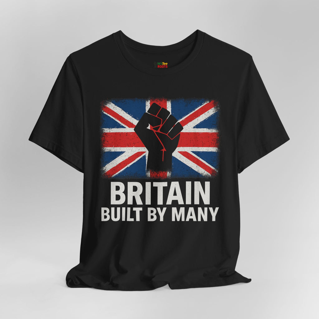 Black t-shirt with Union Jack design and text 'Britain Built by Many' on a gray background