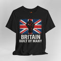 Black t-shirt with Union Jack design and text 'Britain Built by Many' on a gray background