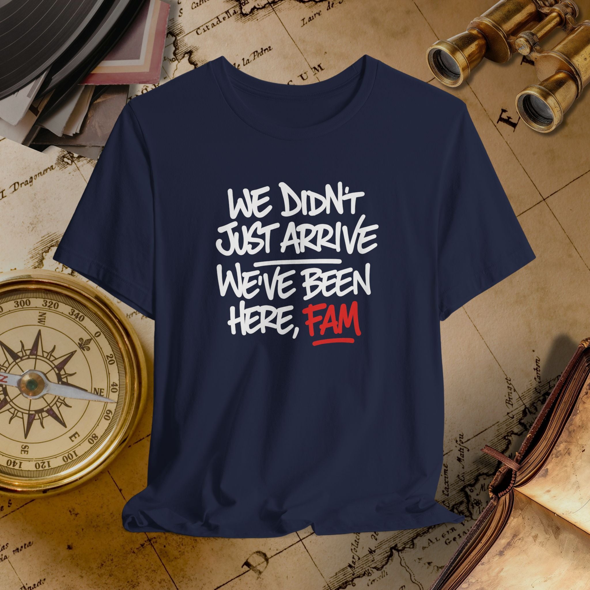 Navy blue t-shirt with humorous text on a vintage map background