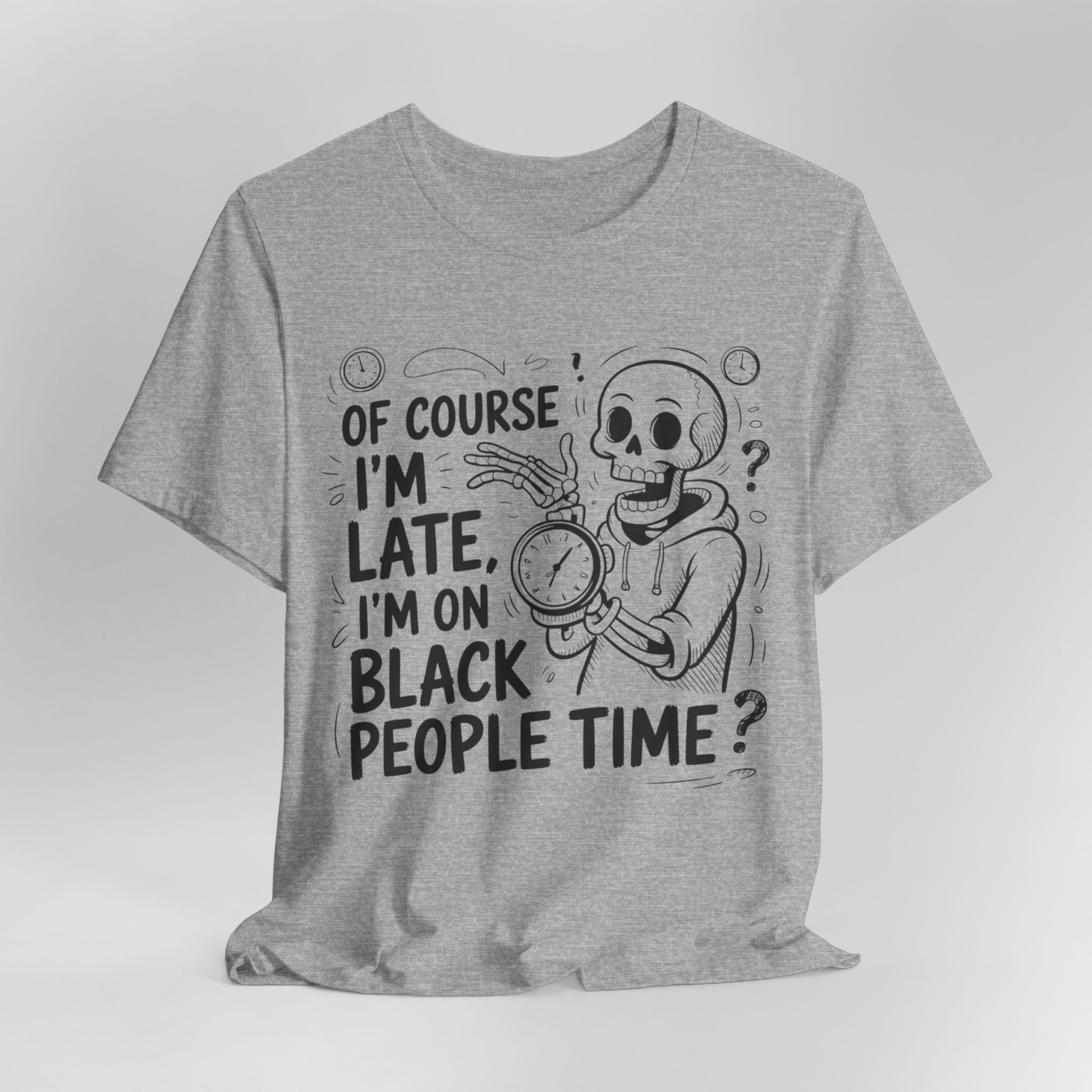 Gray t-shirt with a skeleton holding a clock and text on a white background