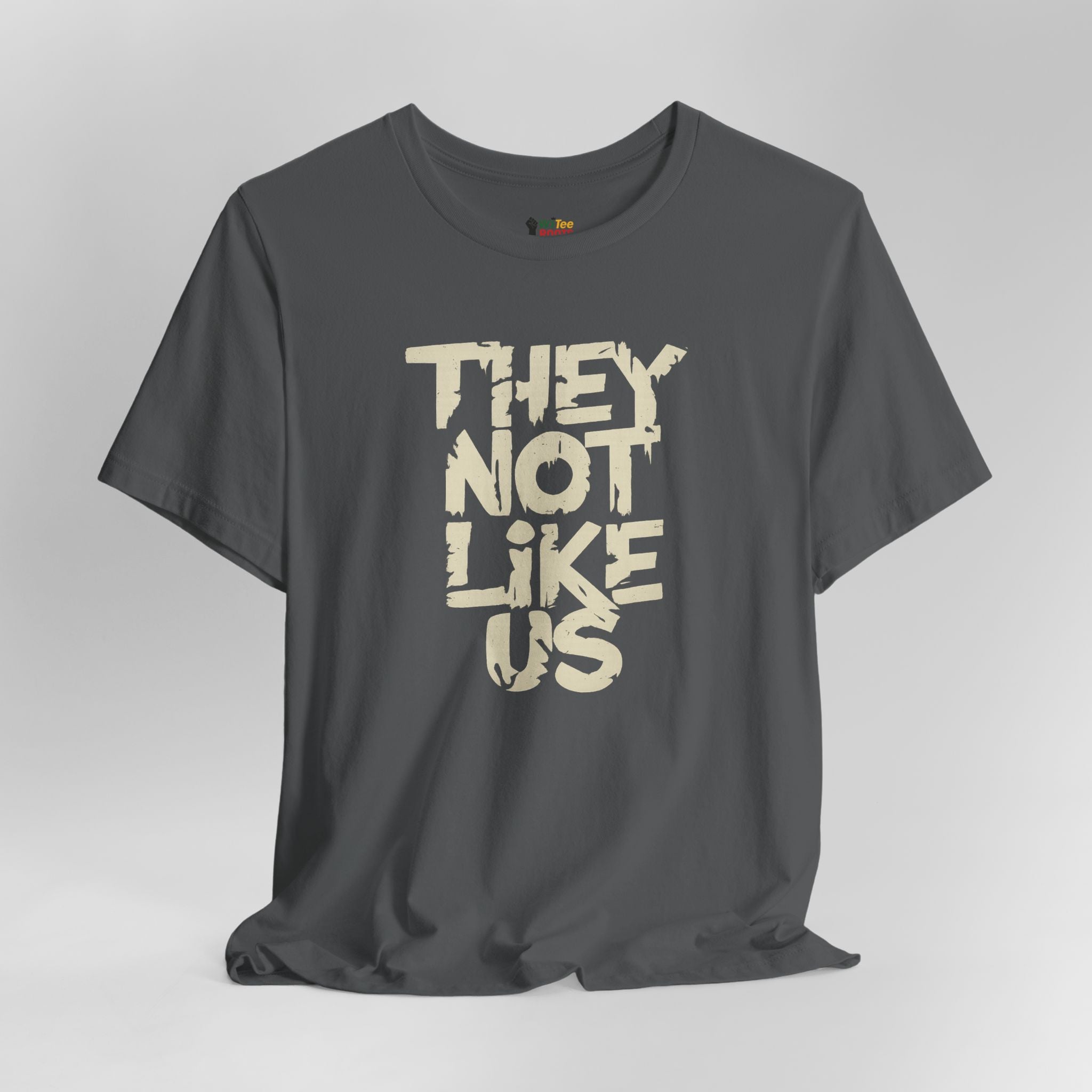 Gray t-shirt with 'THEY NOT LIKE US' text on a gray background