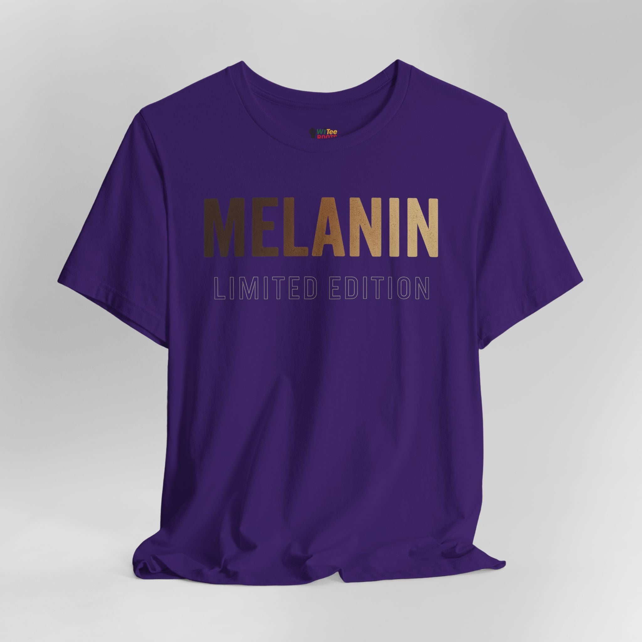 Purple t-shirt with 'MELANIN LIMITED EDITION' text on a gray background